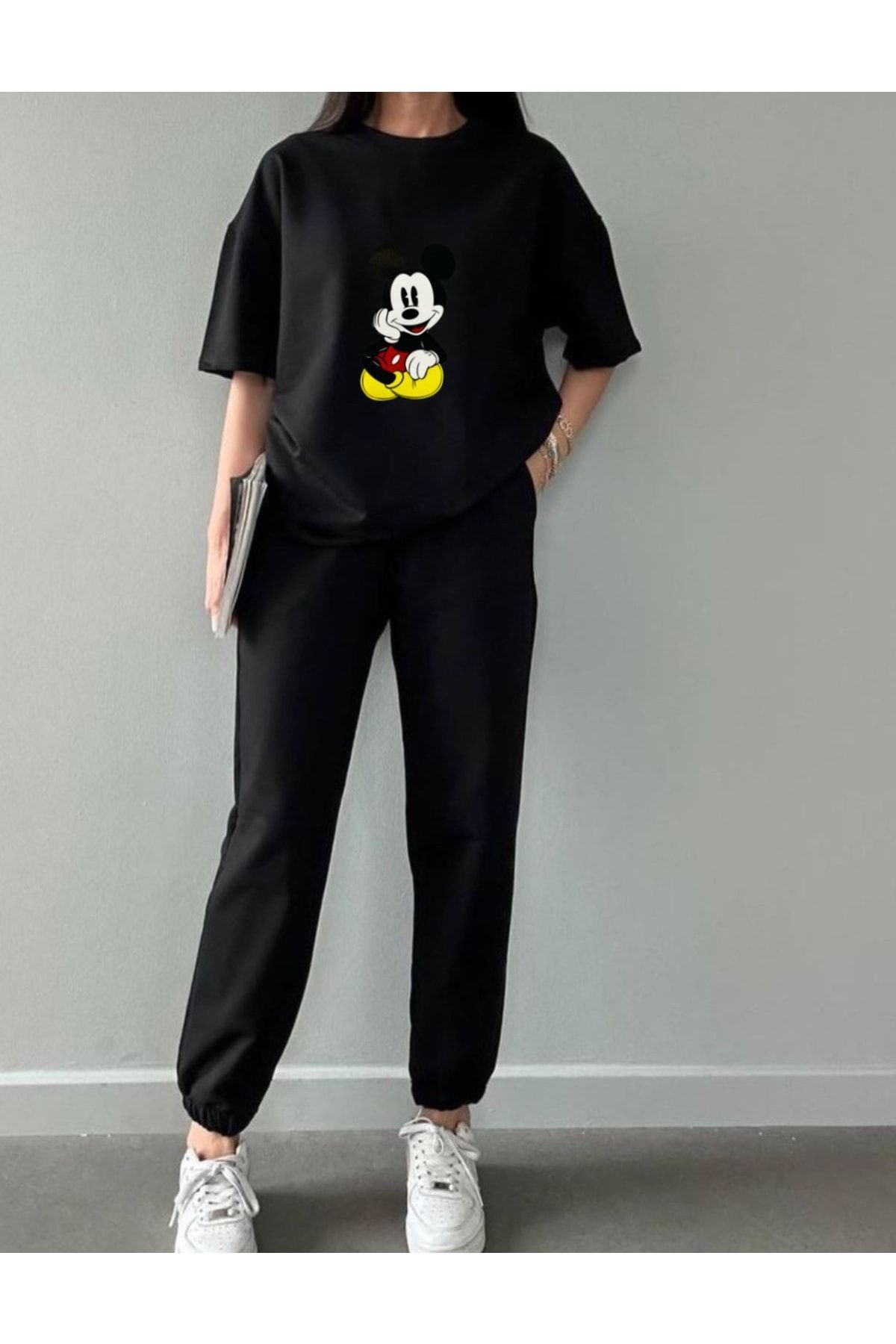 Trendglow Mickey Mouse T-shirt Eşofman Altı Jogger - Siyah Baskılı Eşofman Takımı Oversize Bisiklet Yaka