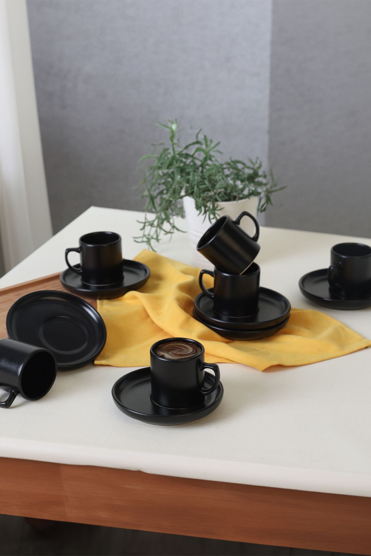Keramika Mat Siyah Nordic Kahve Takımı 12 Parça 6 Kişilik 956