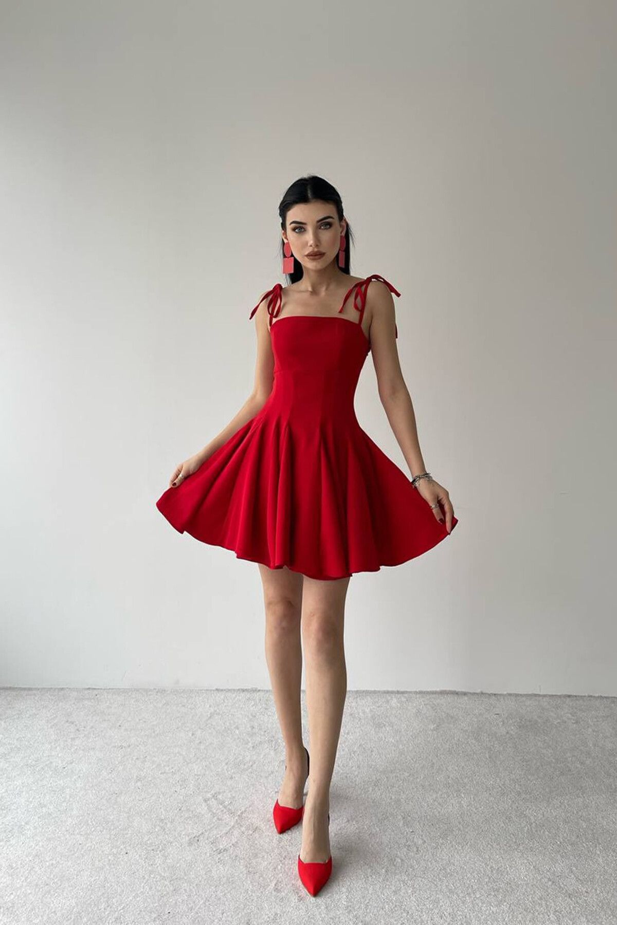 munora butik Askısı Bağlamalı Prenses Kırmızı Elbise