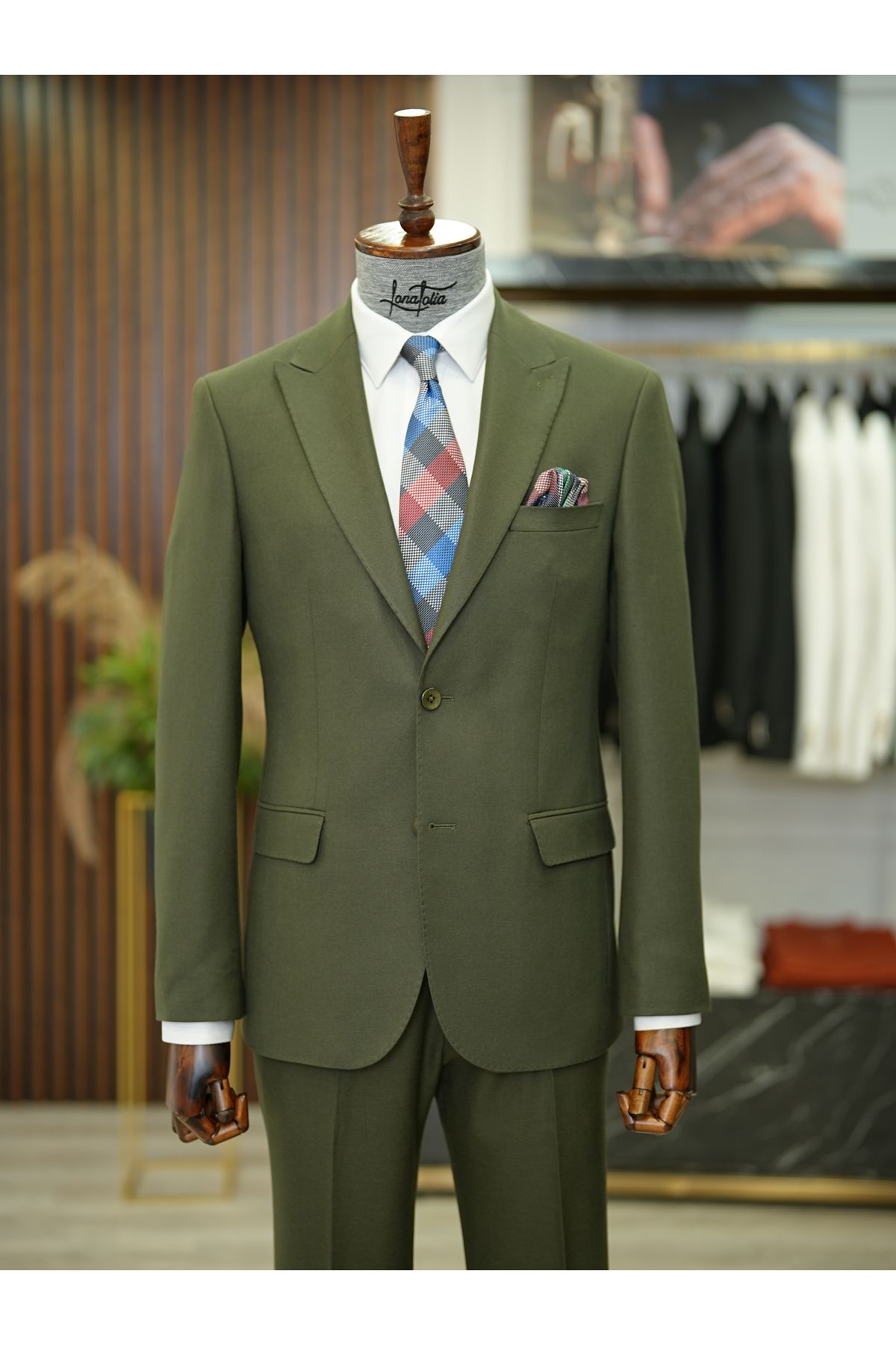 LONATOLİA Premium Erkek Slim Fit İtalyan Stil Punto Dikişli Yarım Astarlı Takım Elbise Ceket Pantolon-Haki
