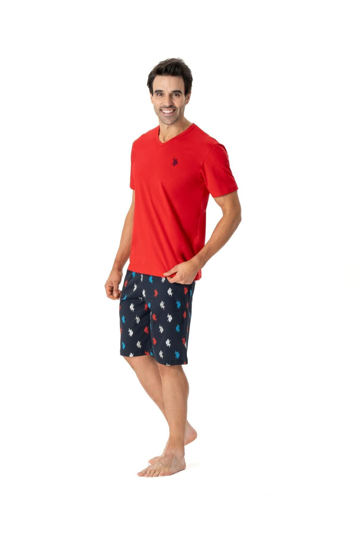 U.S. Polo Assn. U.S. Polo Assn. Erkek Kırmızı T-shirt & Logolu Lacivert Cepli Şort Yazlık Pijama Takımı