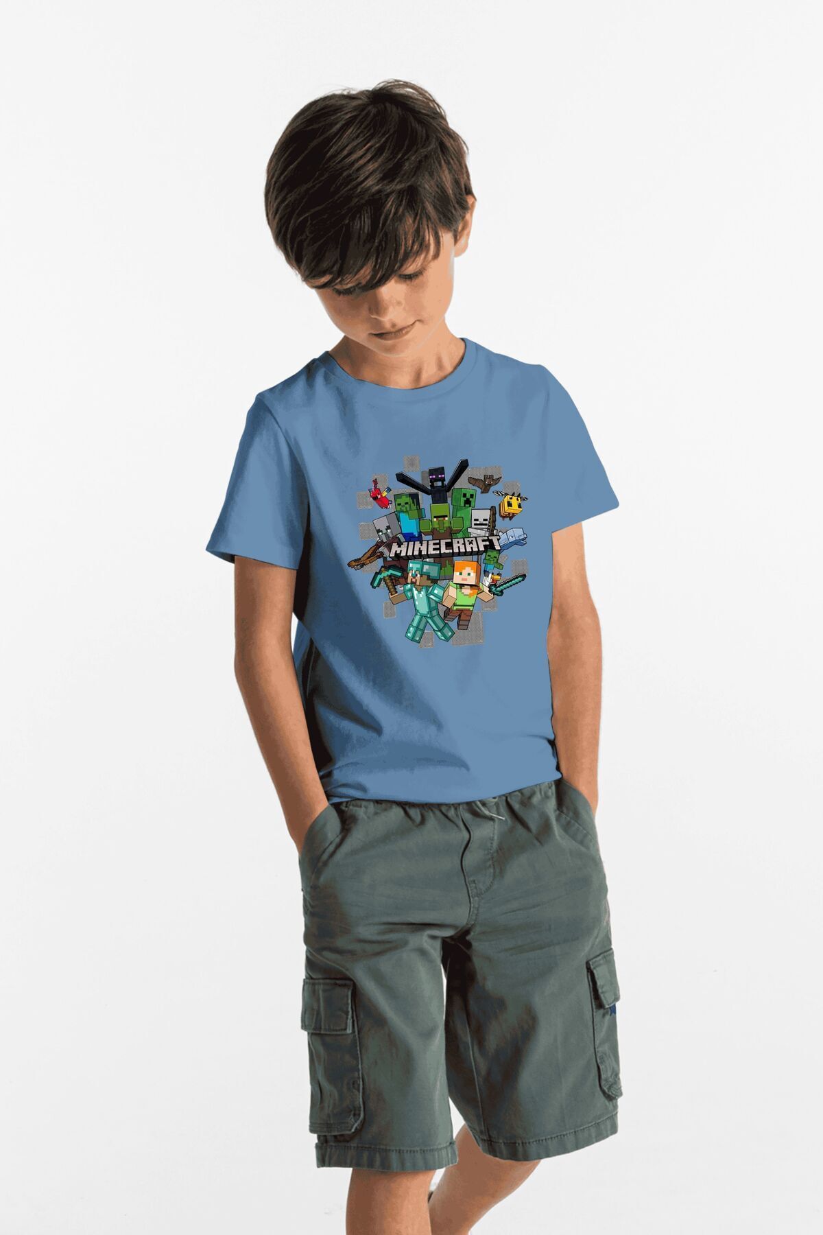 ÇocukçaGiy Minecraft  Baskılı Erkek Çocuk Pamuklu Bisiklet Yaka Tshirt