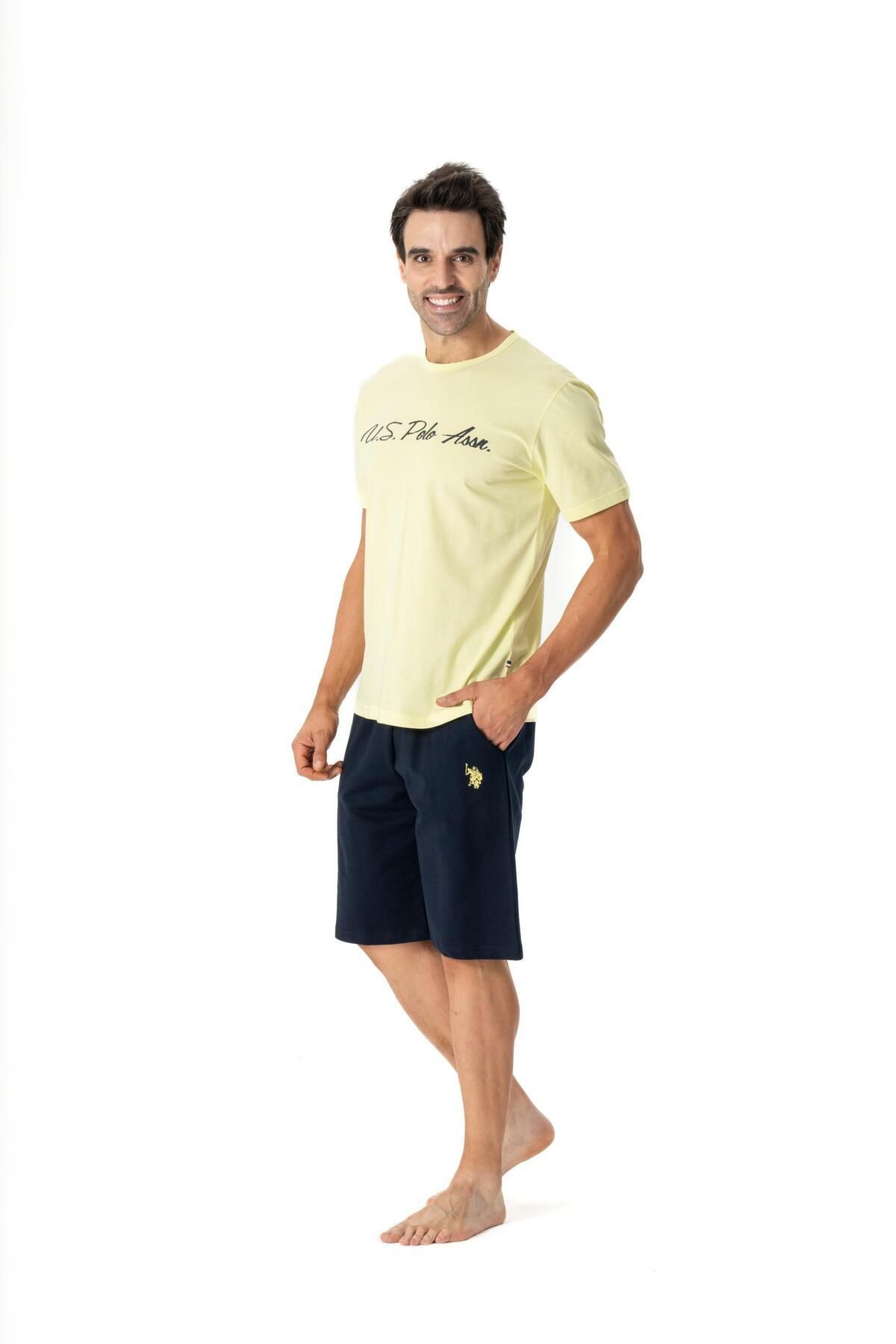 U.S. Polo Assn. U.S. Polo Assn. Erkek Yuvarlak Yaka Düz Renk Sarı T-shirt&Lacivert Cepli Şort Yazlık Pijama Takımı