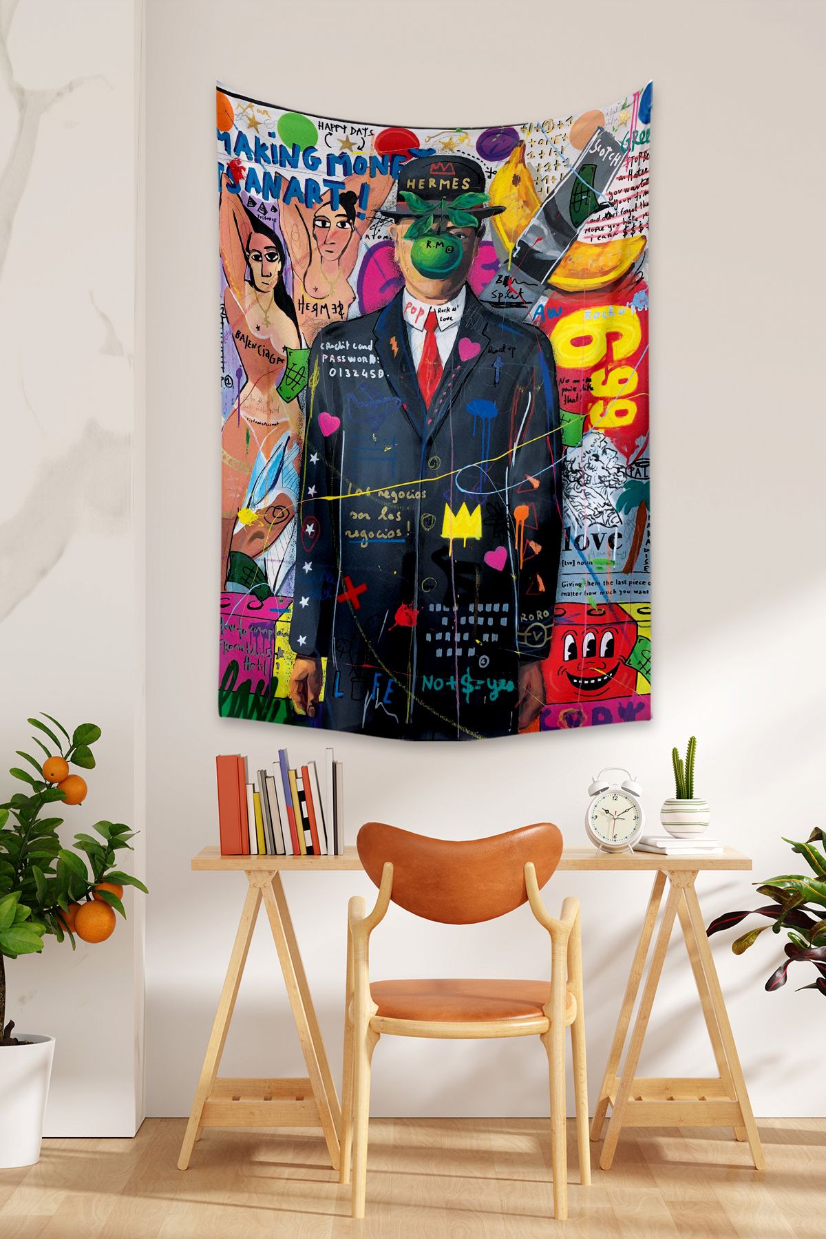 Dijital Reklam Ambalaj Pop Art Rene Magritte Adamın Oğlu 2 Grafiti Duvar Örtüsü Yağlı Boya Dokulu