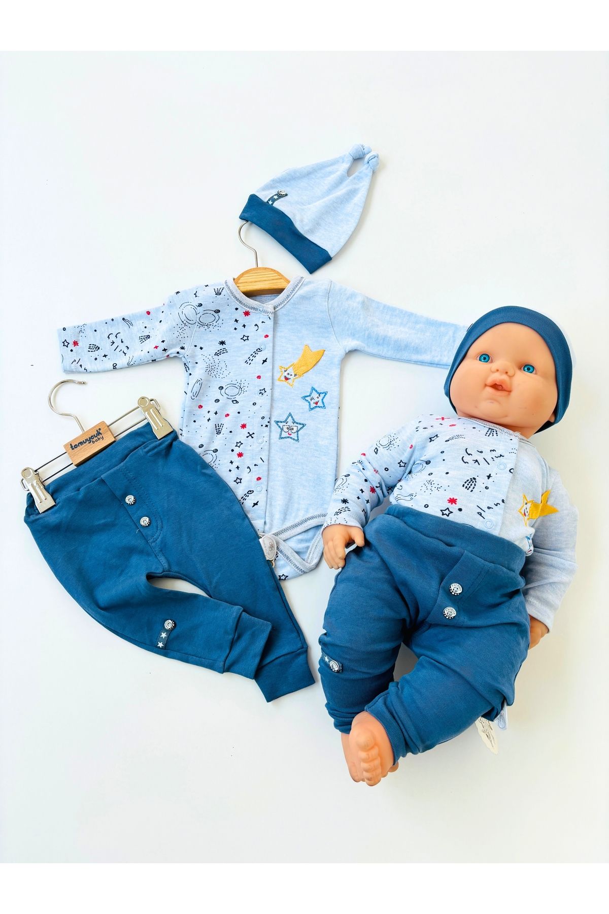 Tomuycuk 3'lü Erkek Bebek Takım Mavi Bodyli 3-6-9-12 Ay Bebek Takımları Kıyafetleri Bebek Giyim
