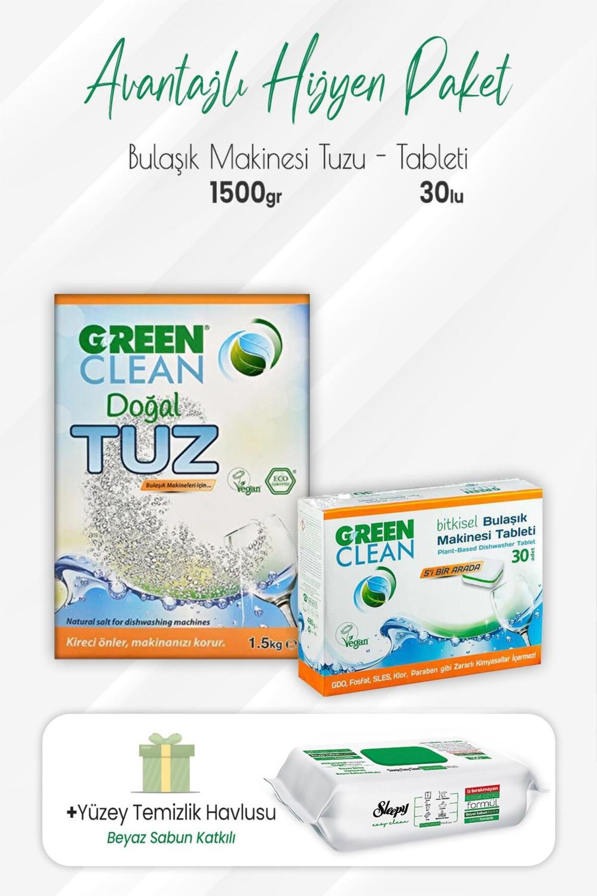Green Clean Bulaşık Makinesi Tableti 30'lu, Tuz 1.5 Kg Ve Easy Yüzey Temizlik 100' Lü