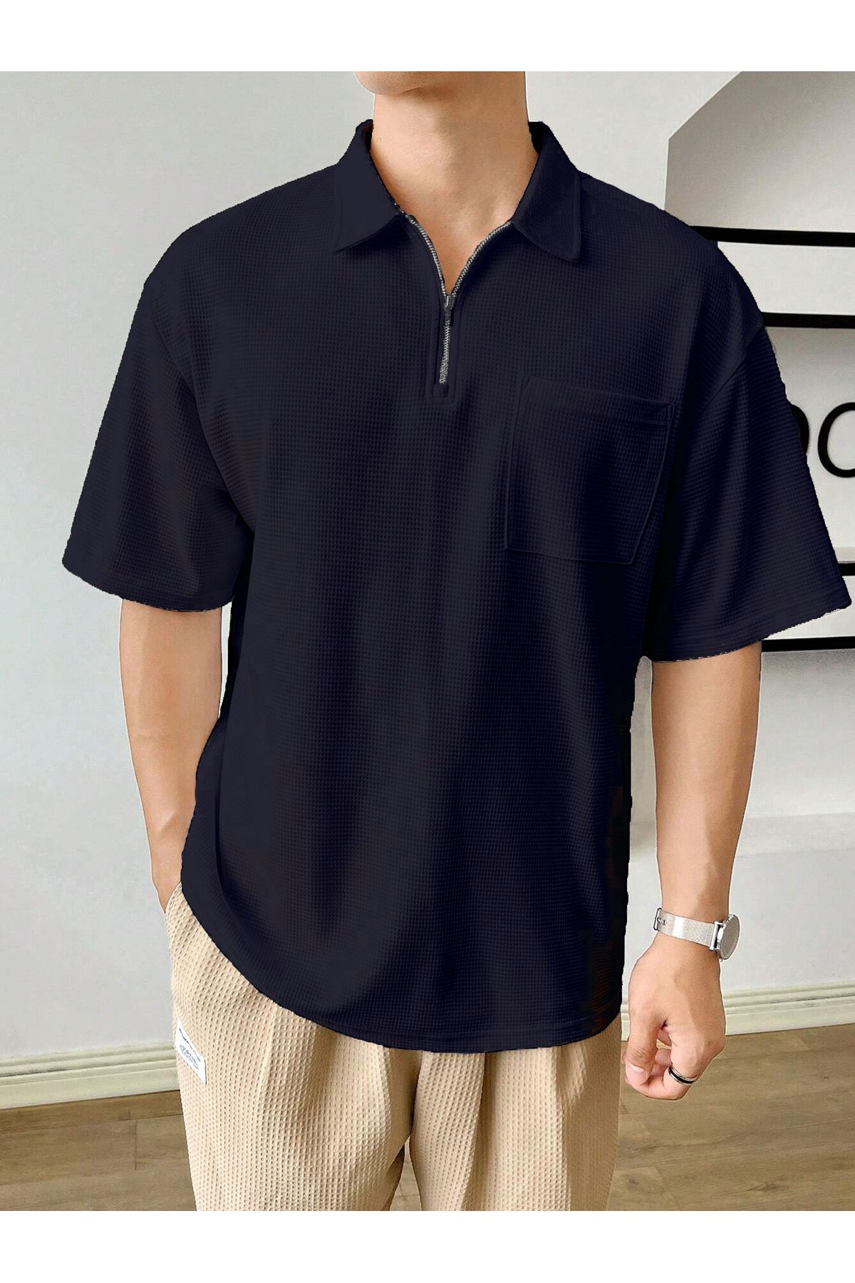 GENIUS STORE Erkek Oversize Polo Yaka Waffle T-Shirt  POLOYAKA-FERMUARLI