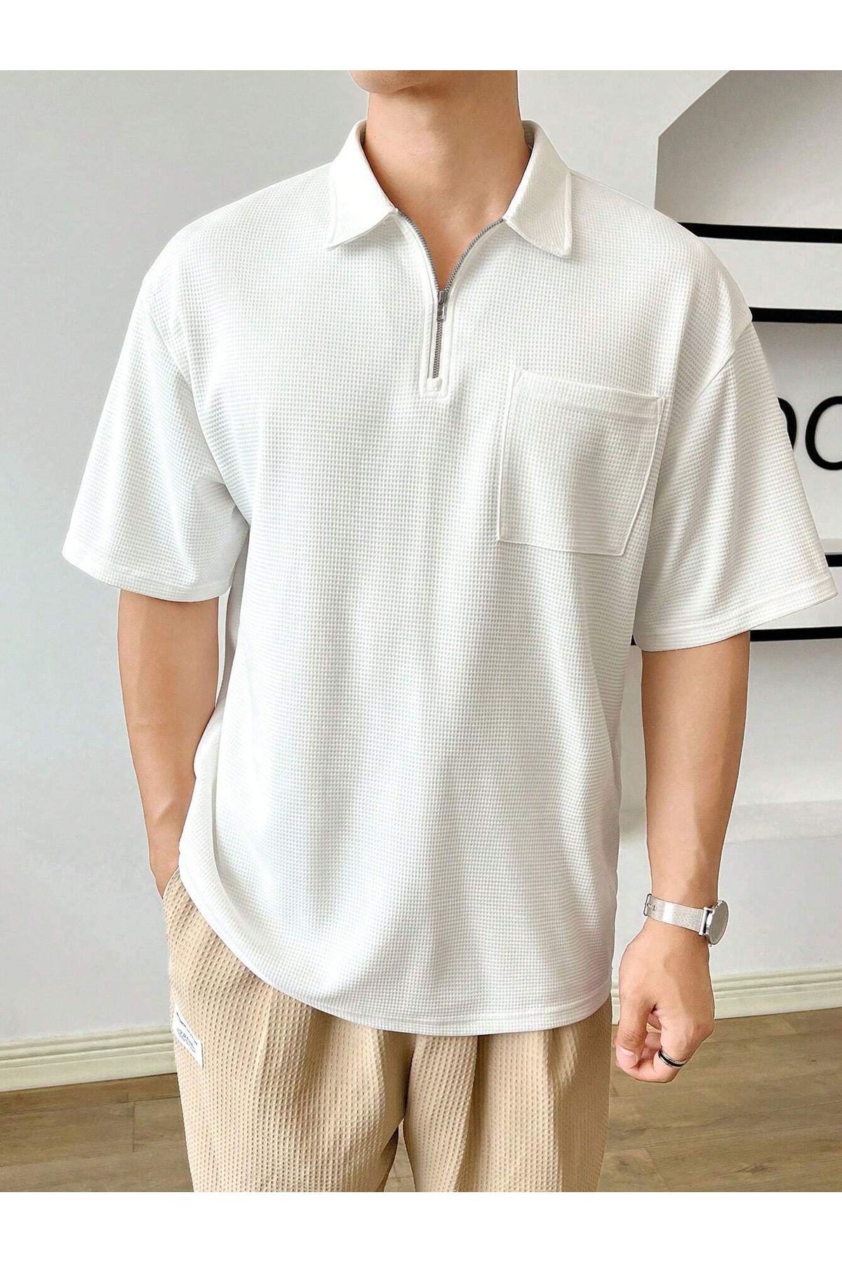 GENIUS STORE Erkek Oversize Polo Yaka Waffle T-Shirt  POLOYAKA-FERMUARLI