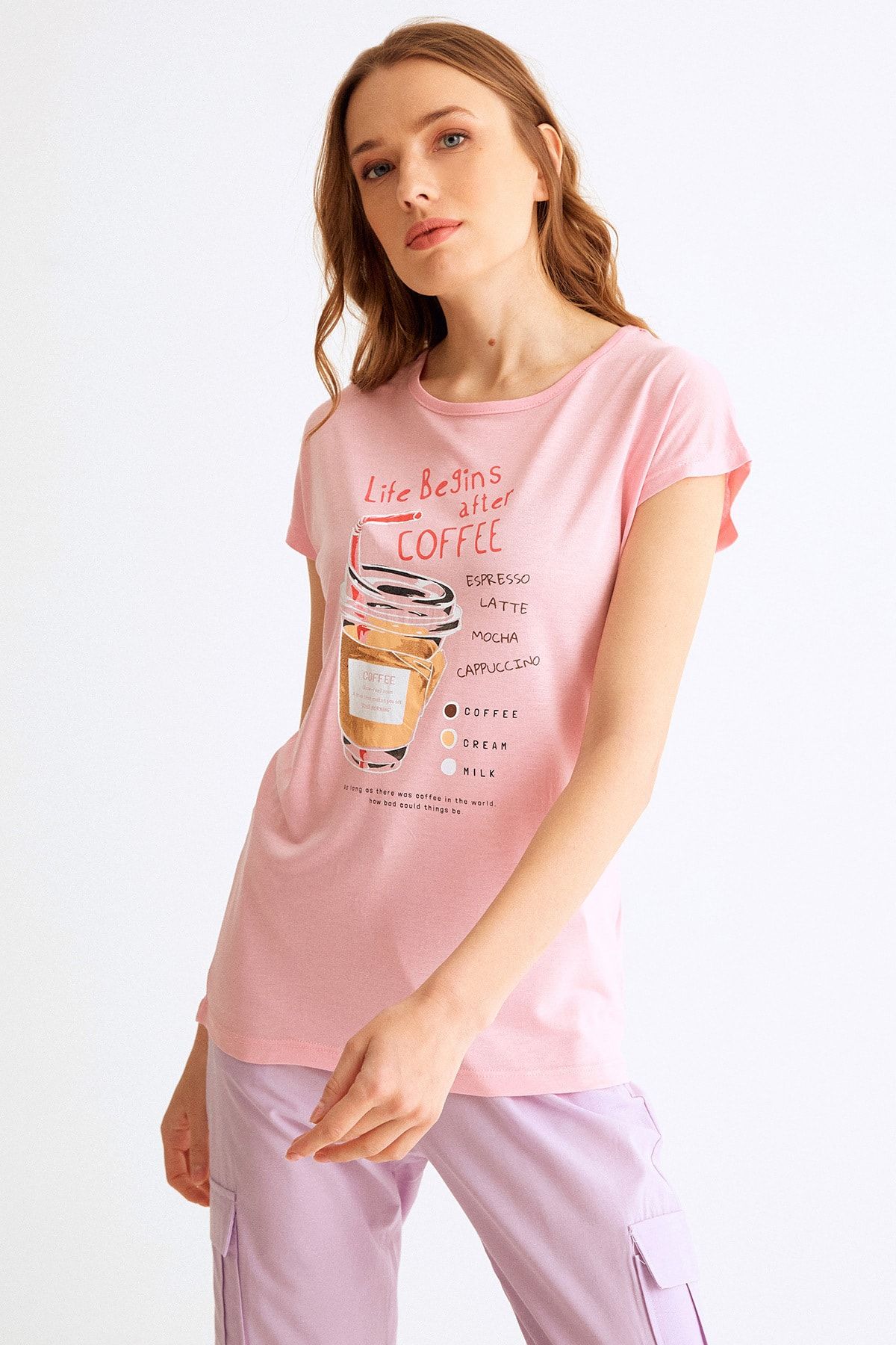 Fullamoda Kadın  Pudra Coffee Baskılı Tshirt