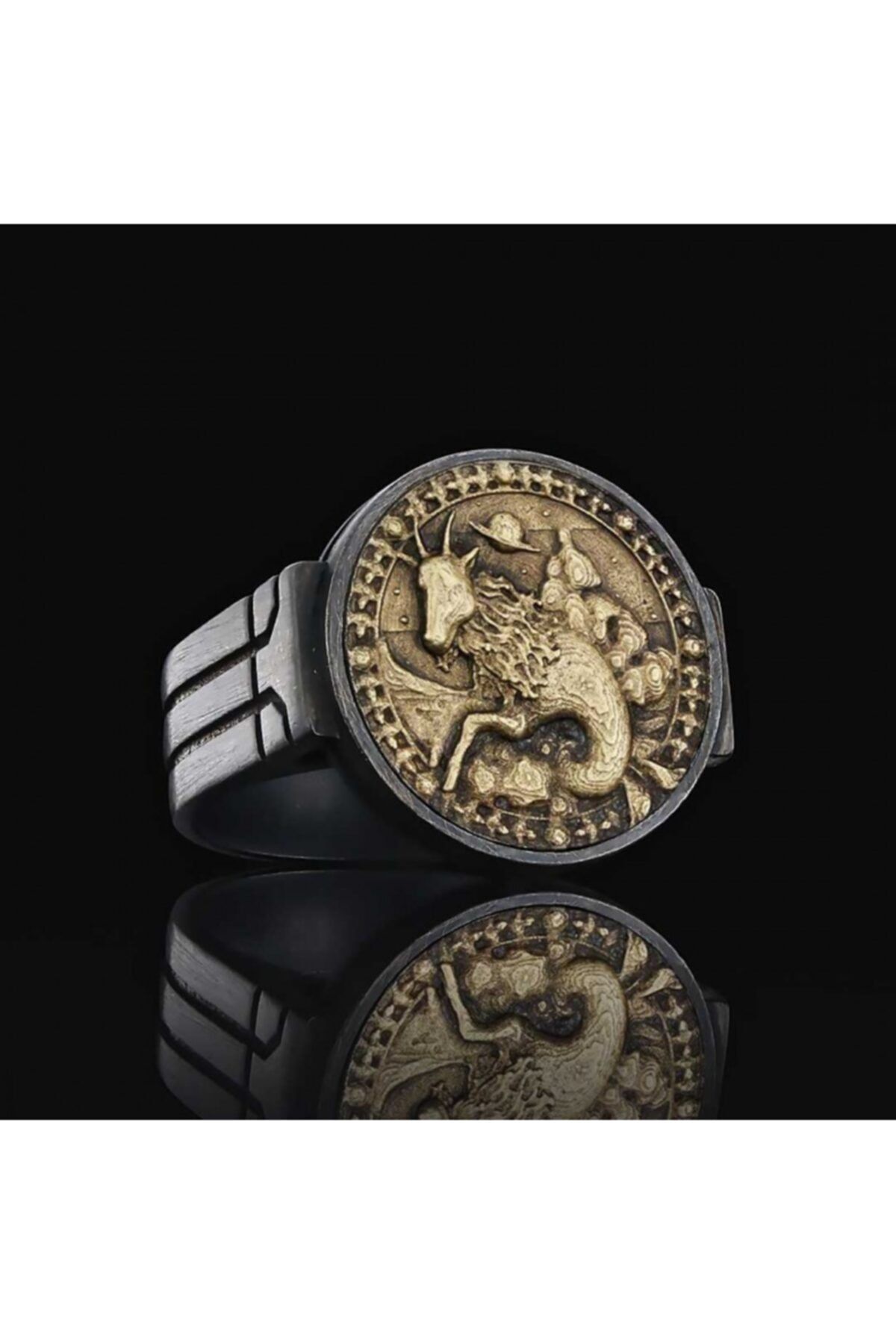 ELMAS İŞ Oğlak Burcu Özel Tasarım 925 Ayar Gümüş Üzeri Siyah Rodyum Kaplama Koleksiyon Yüzük