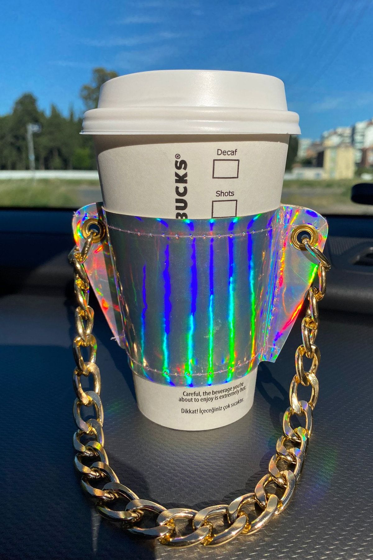 ACCLAND Kadın Hologram Zincirli Coffee Cup Sleeve Deri Bardak Tutacağı