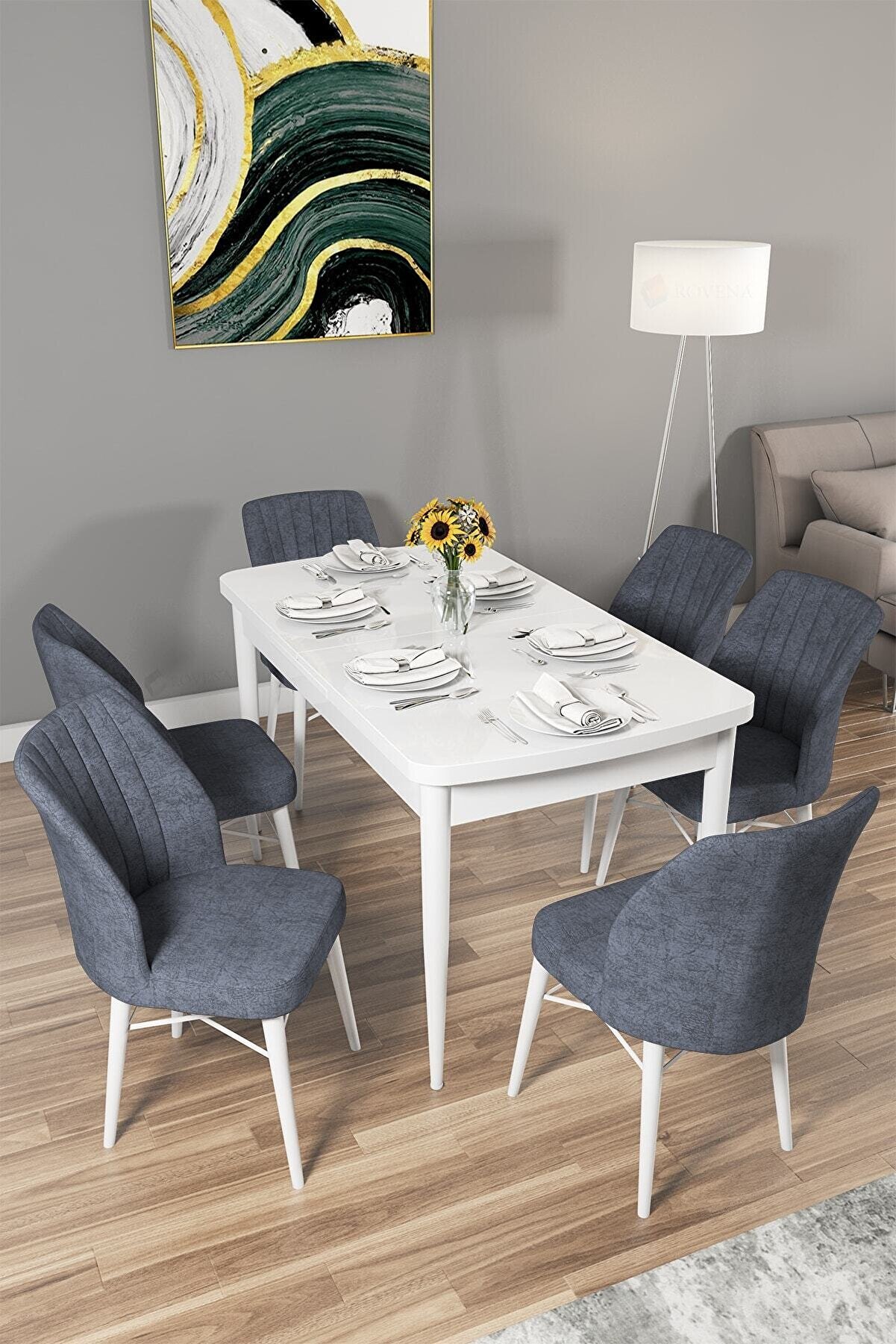 Rovena Arel Mdf Beyaz Mutfak Masası Takımı 6 Füme Sandalye