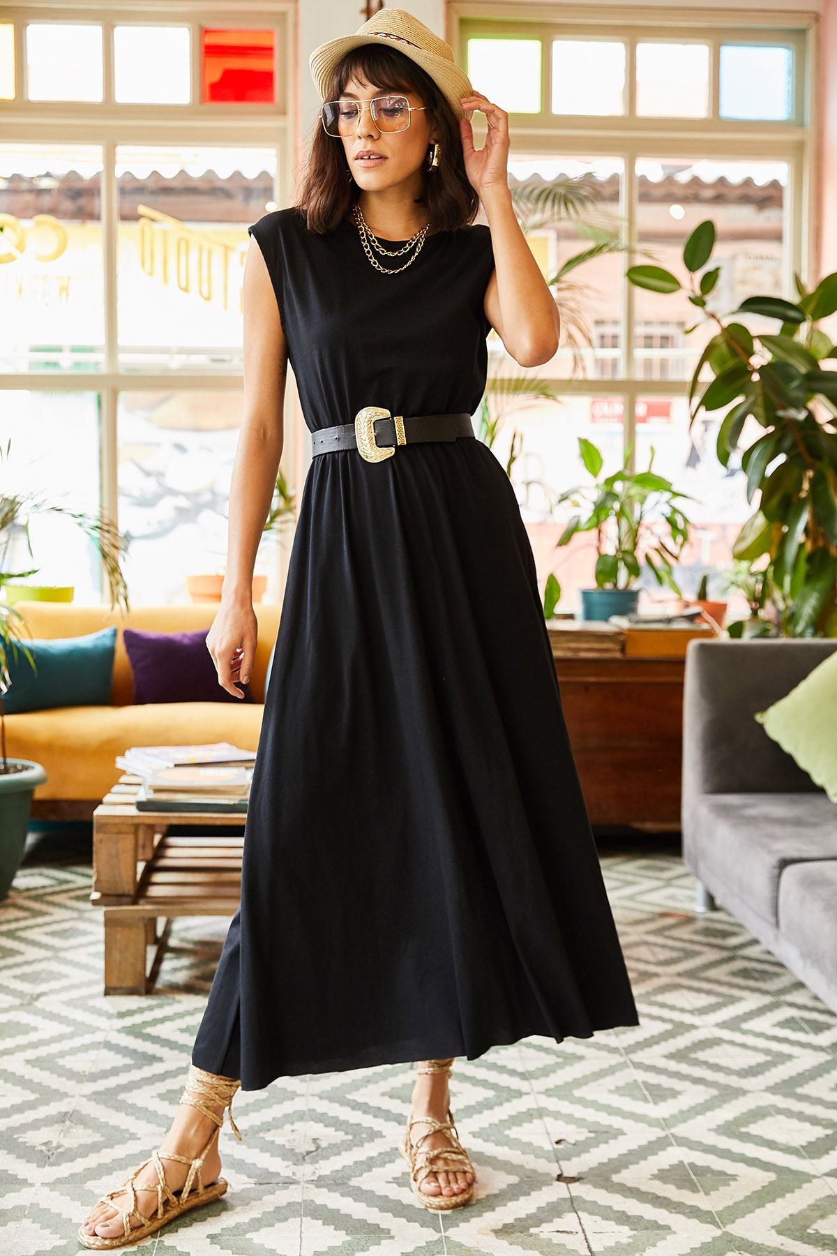 Olalook Kadın Siyah Beli Lastikli Yarasa Penye Elbise ELB-19001509