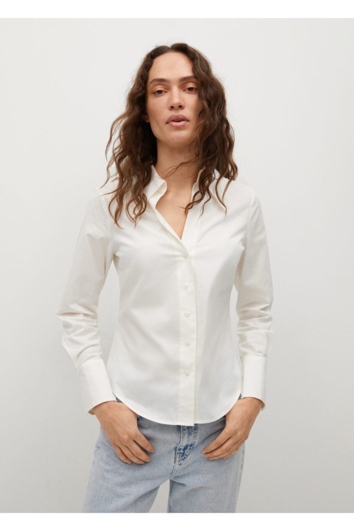 MANGO Kadın Beyaz Gündelik Pamuklu Gömlek