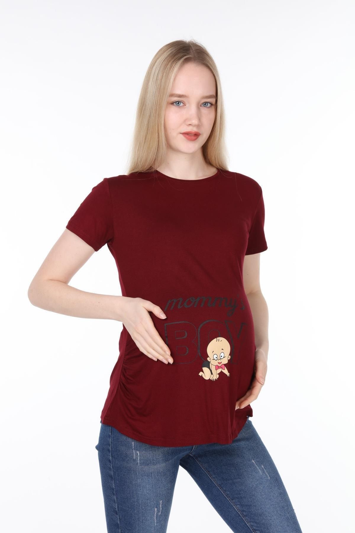 Işşıl Kadın  Bordo Annesinin Oğlu Viskon Hamile Kısa Kol T-shirt