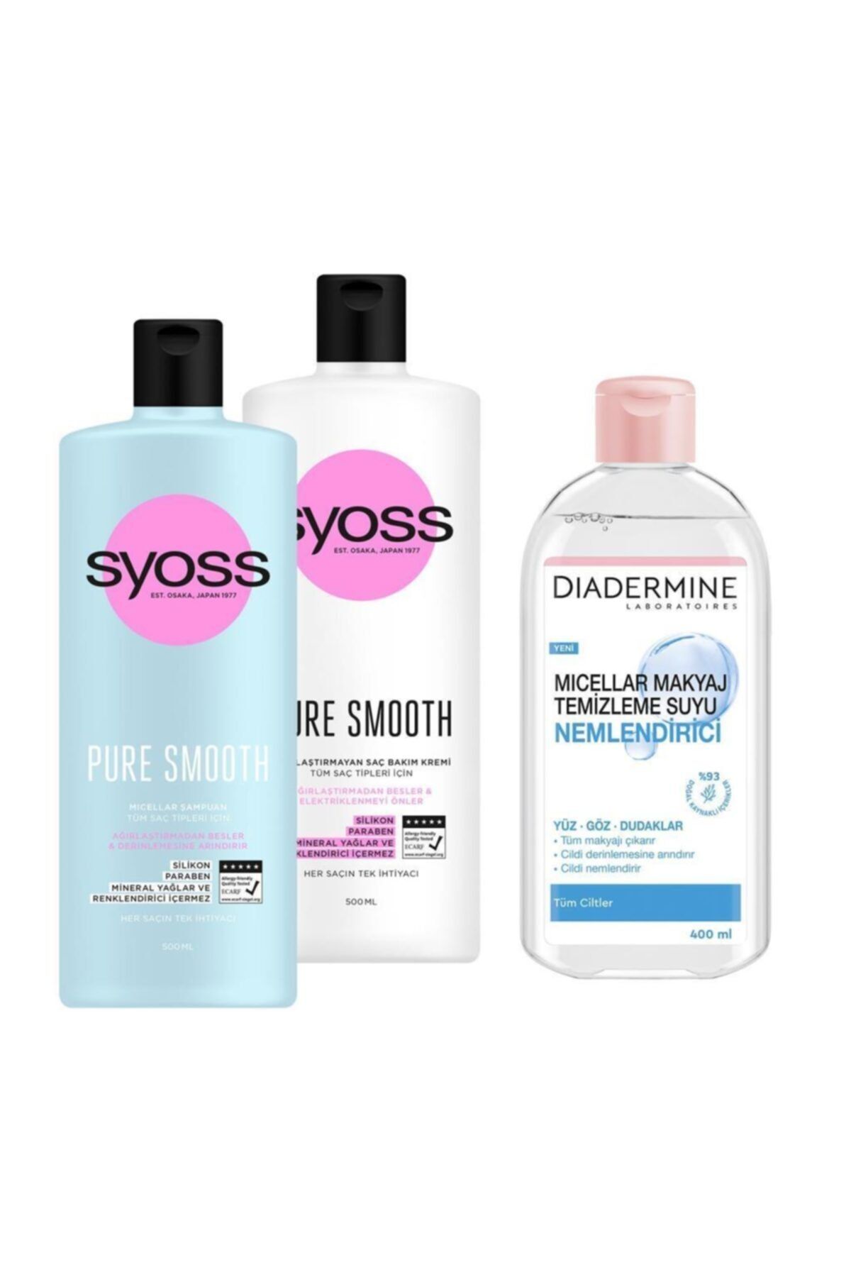 Syoss Pure Ağırlaştırmayan Şampuan + Saç Kremi + Diadermine Micellar Nemlendirici Temizleme Suyu 400