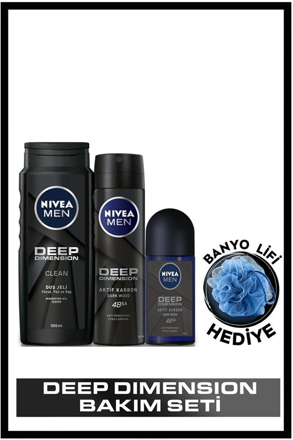 NIVEA Men Deep Dimension Duş Jeli 500 ml Sprey Deodorant 150 ml Roll-on Deodorant 50 ml  banyo