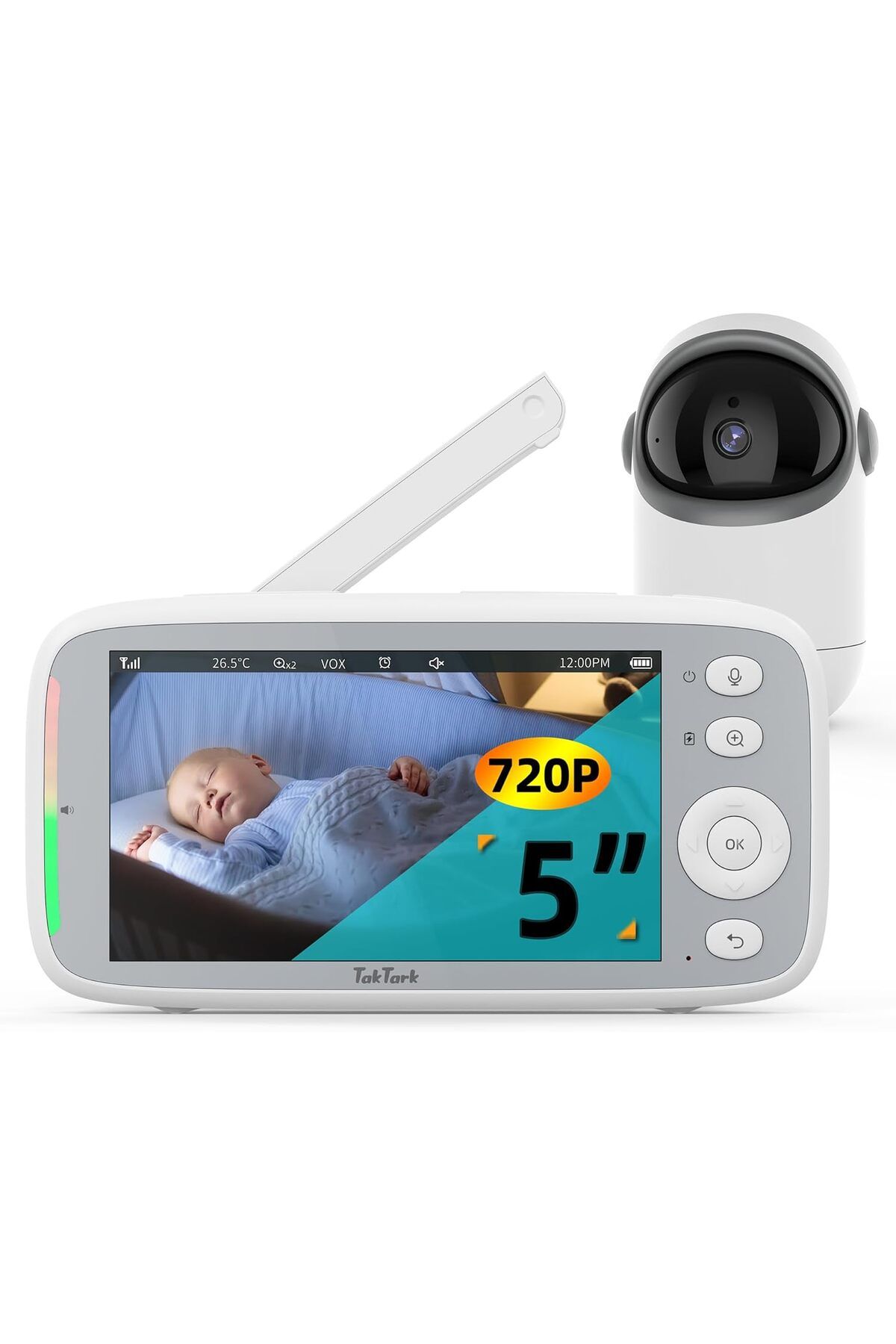 TakTark 5 inç 720P IPS Kameralı Bebek Telsizi Döner Pan-Tilt, VOX, Karşılıklı Konuşma, Gece Görüşü
