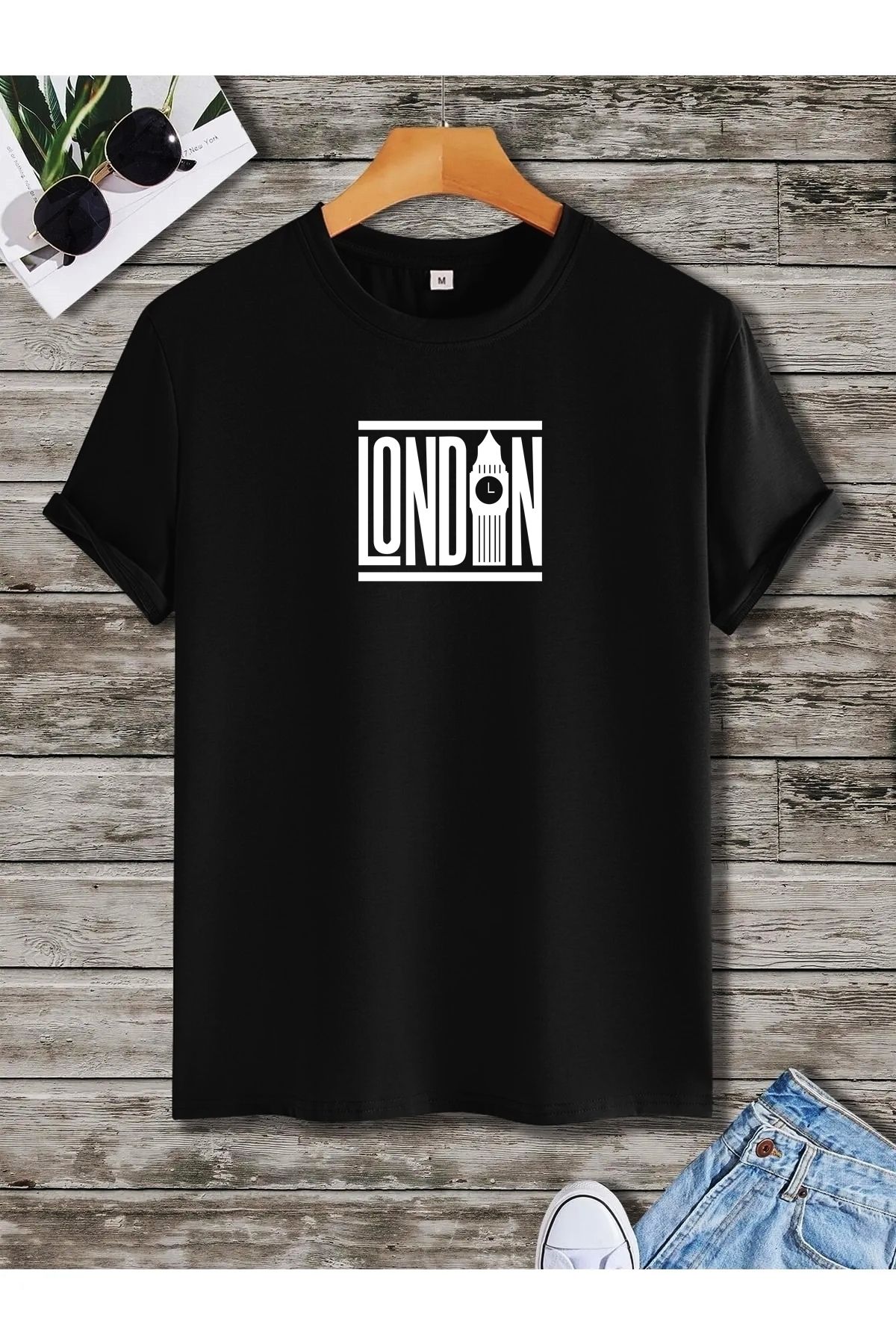pardosa Unisex Oversize Siyah Londra Saat Kulesi Siluet baskılı t-shirt