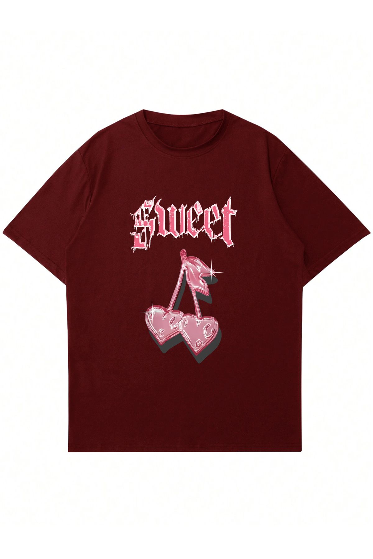 Mad&Calf Unisex Sweet Cherry Baskılı Bisiklet Yaka Oversize Tshirt
