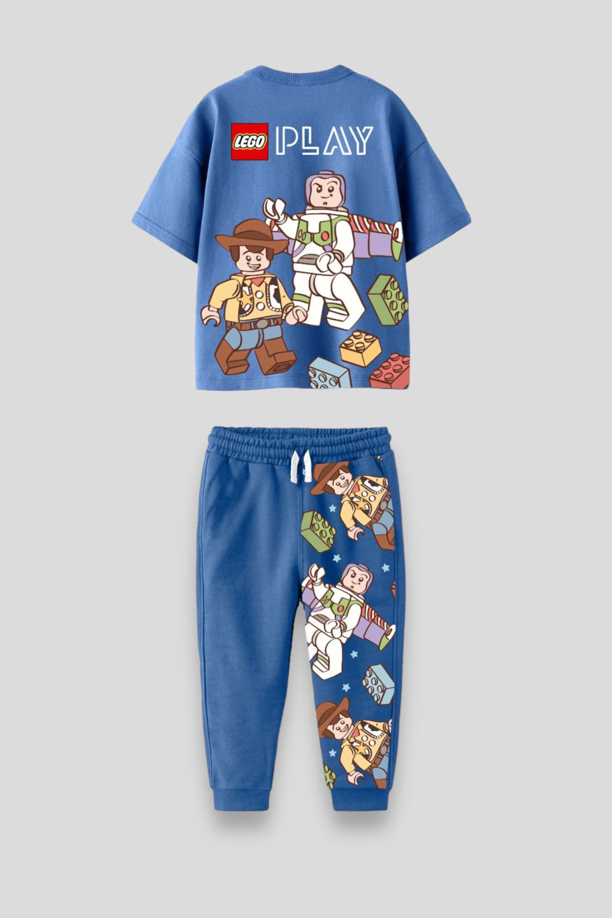 magu Erkek Çocuk Lego Desenli Pamuklu Oversize T-shirt Eşofman Alt-Üst Takım