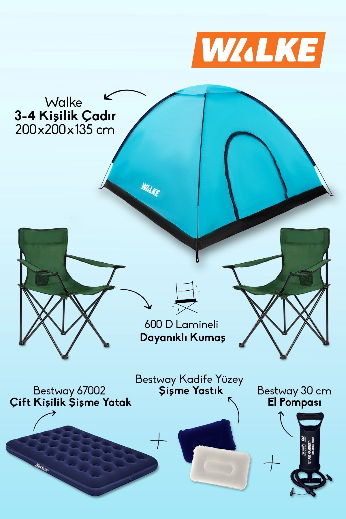Walke Lüks Kamp Seti 4 Kişilik Çadır Çift Kişilik Yatak 2 Adet Yeşil Sandalye 2 Yastık Pompa