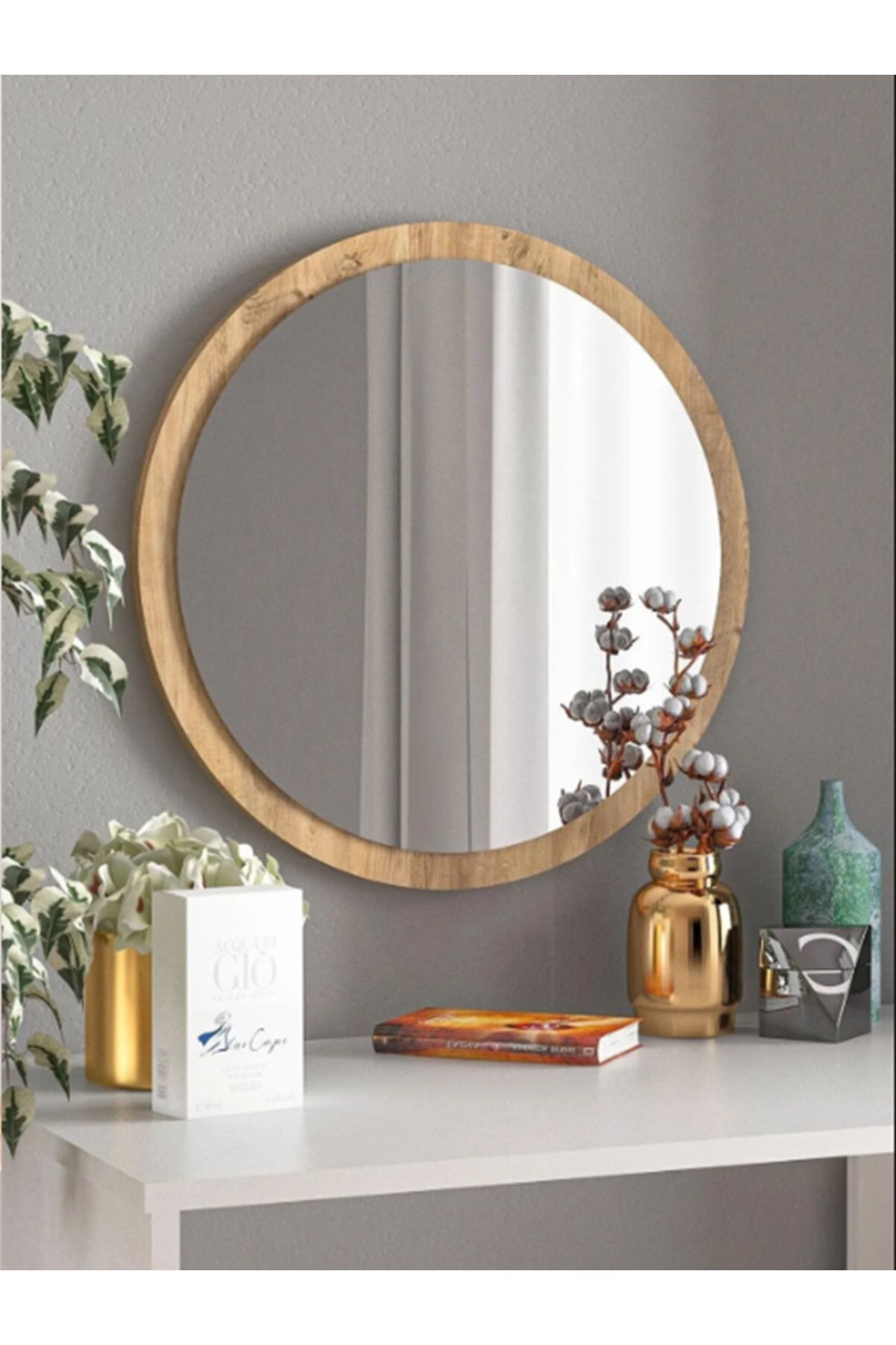 er enirey collection Açık Ceviz Dekoratif Yuvarlak Antre Hol Koridor Duvar Salon Mutfak Banyo Wc Ofis Aynası 59 cm