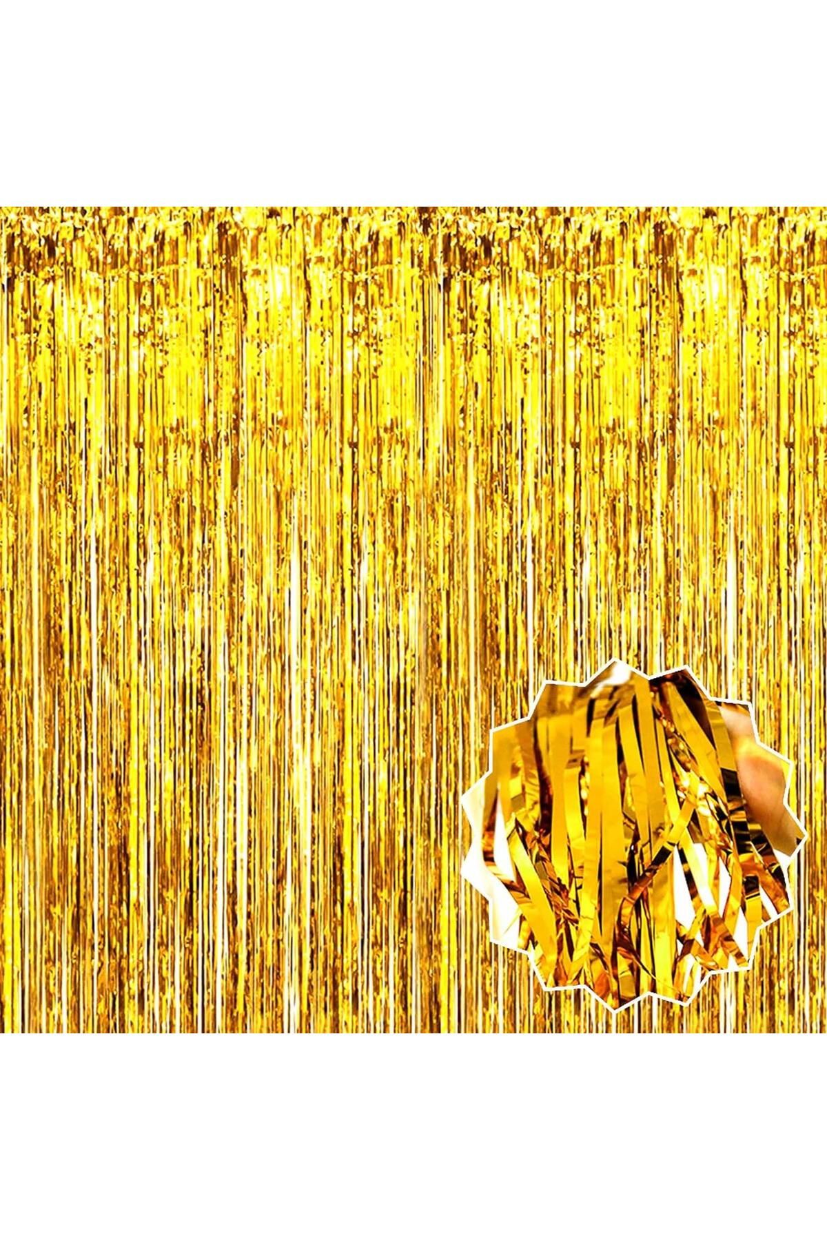 Skygo Altın Gold Renk Ekstra Metalize Parlak Saçaklı Arka Fon Perde İthal A Kalite 1x2 Metre