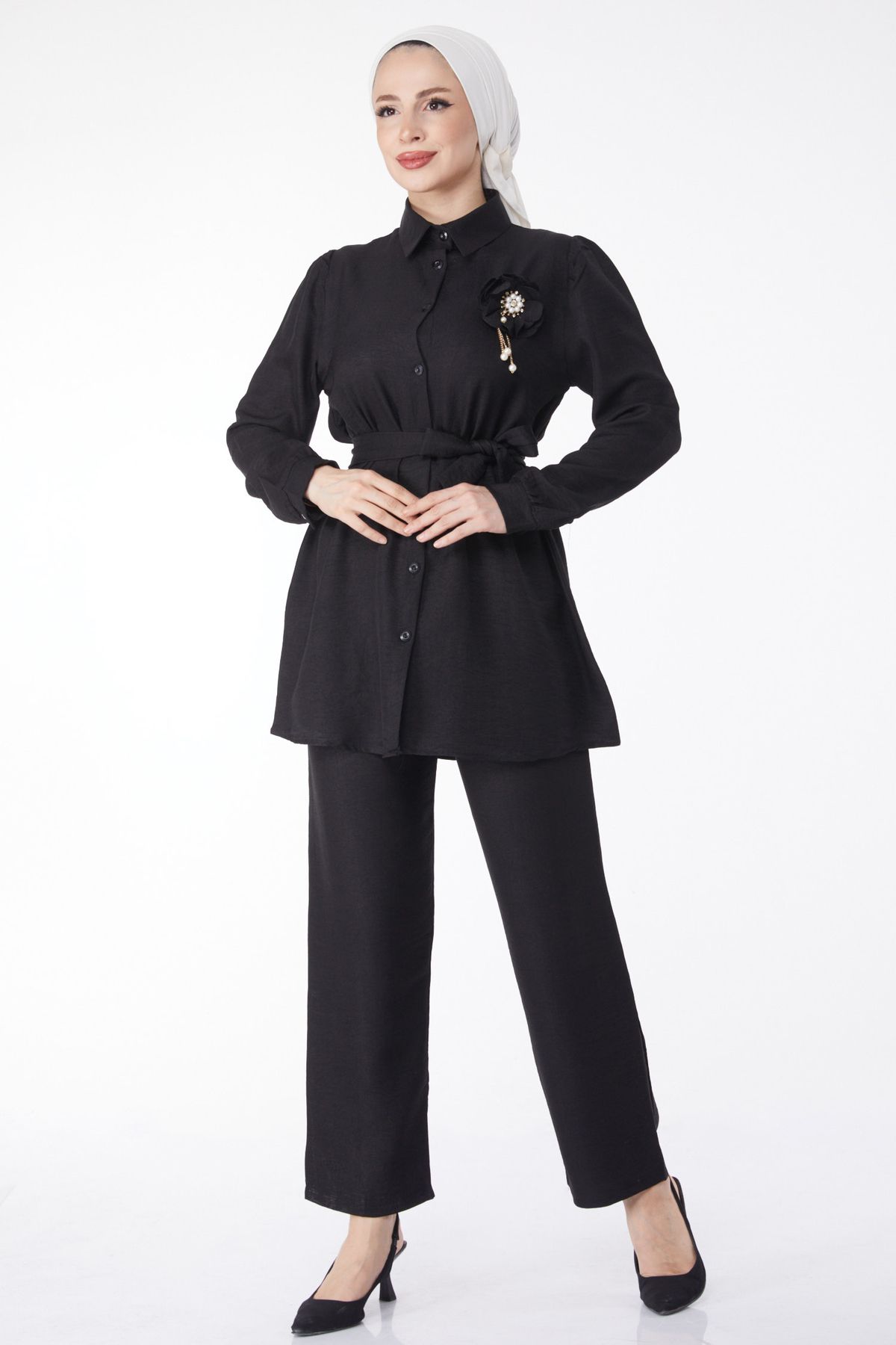 TOFİSA Düz Gömlek Yaka Kadın Siyah Broj Detaylı İkili Takım - 24812