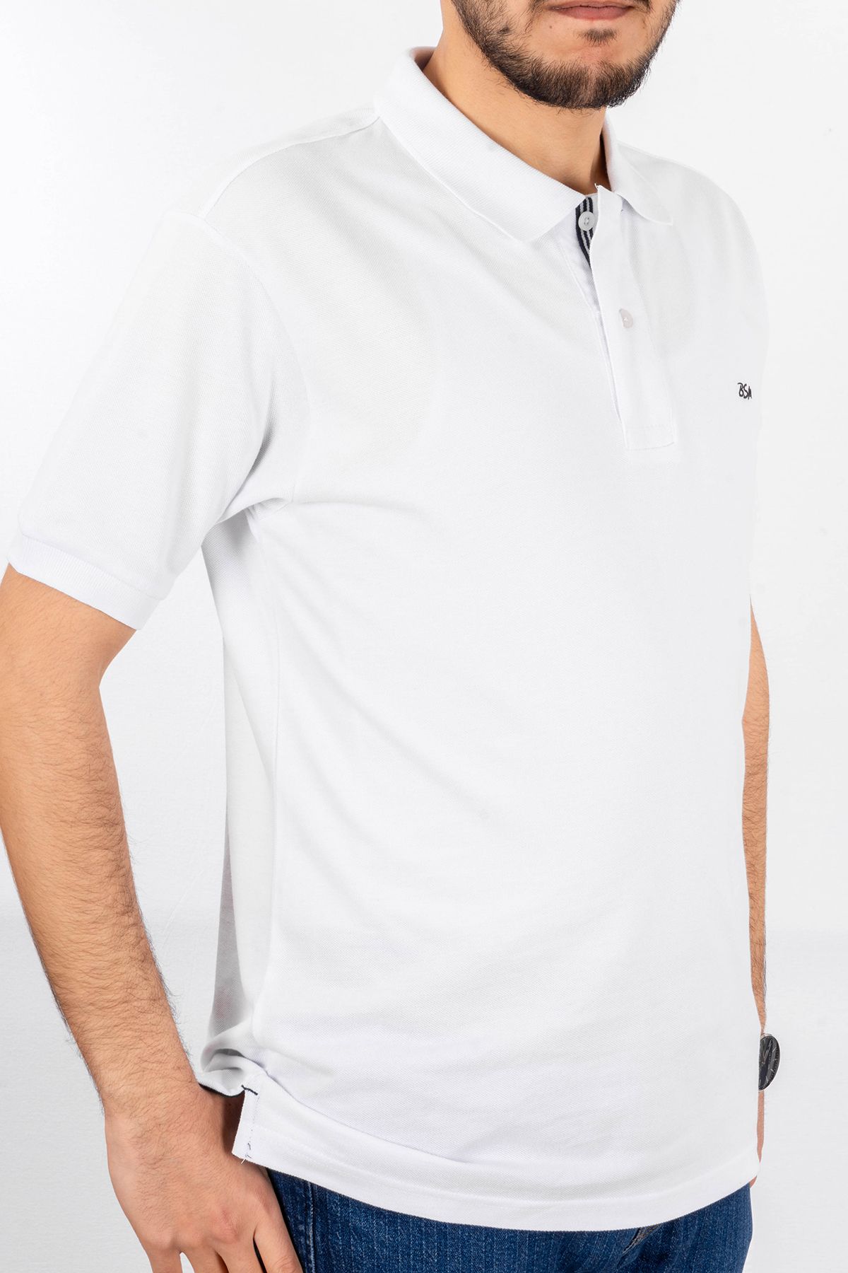 BSM Erkek Yüksek Kalite Kısa Kollu Polo Yaka Beyaz Pike T-Shirt