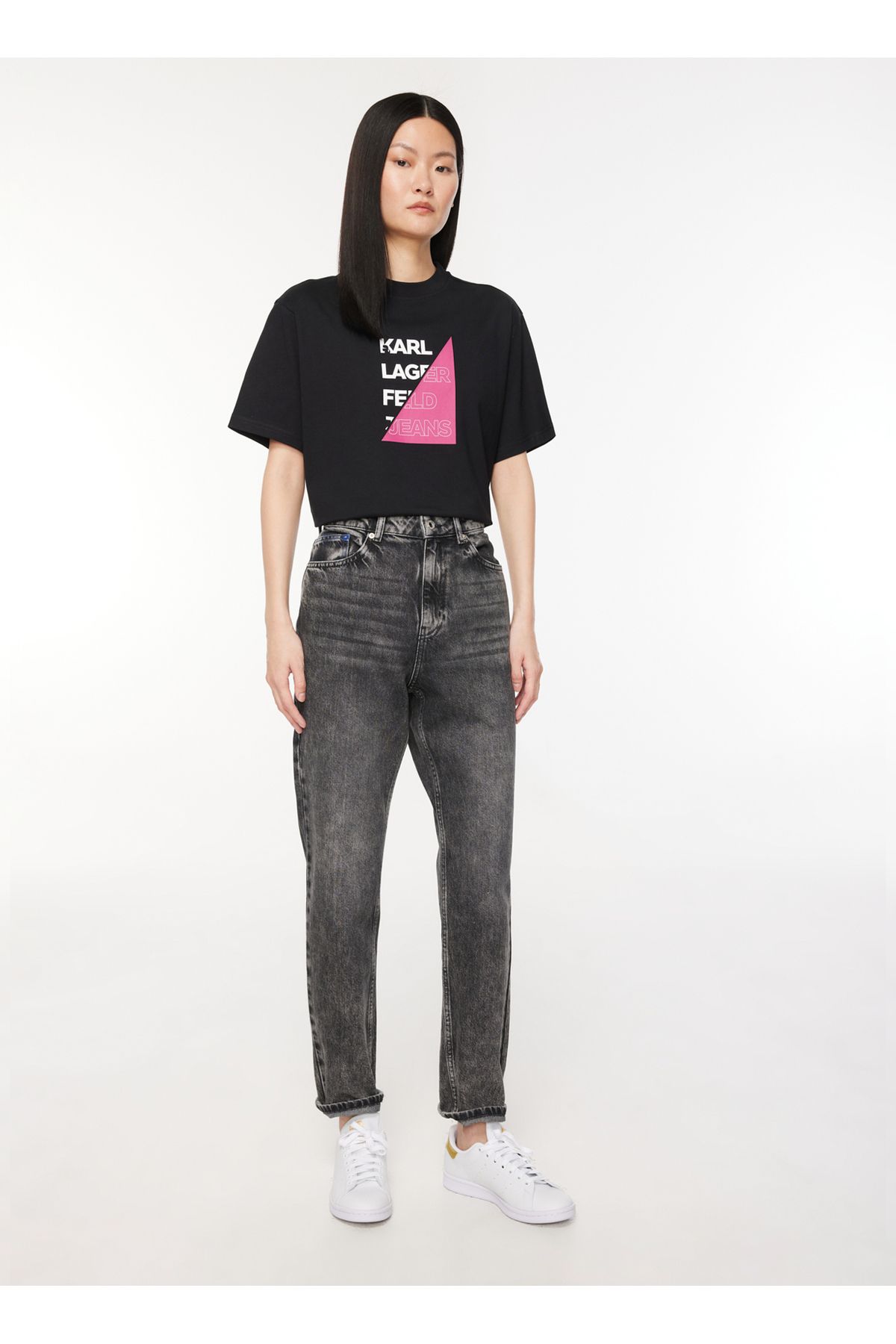 Karl Lagerfeld Jeans Bisiklet Yaka Baskılı Siyah Kadın T-shirt 236j1710