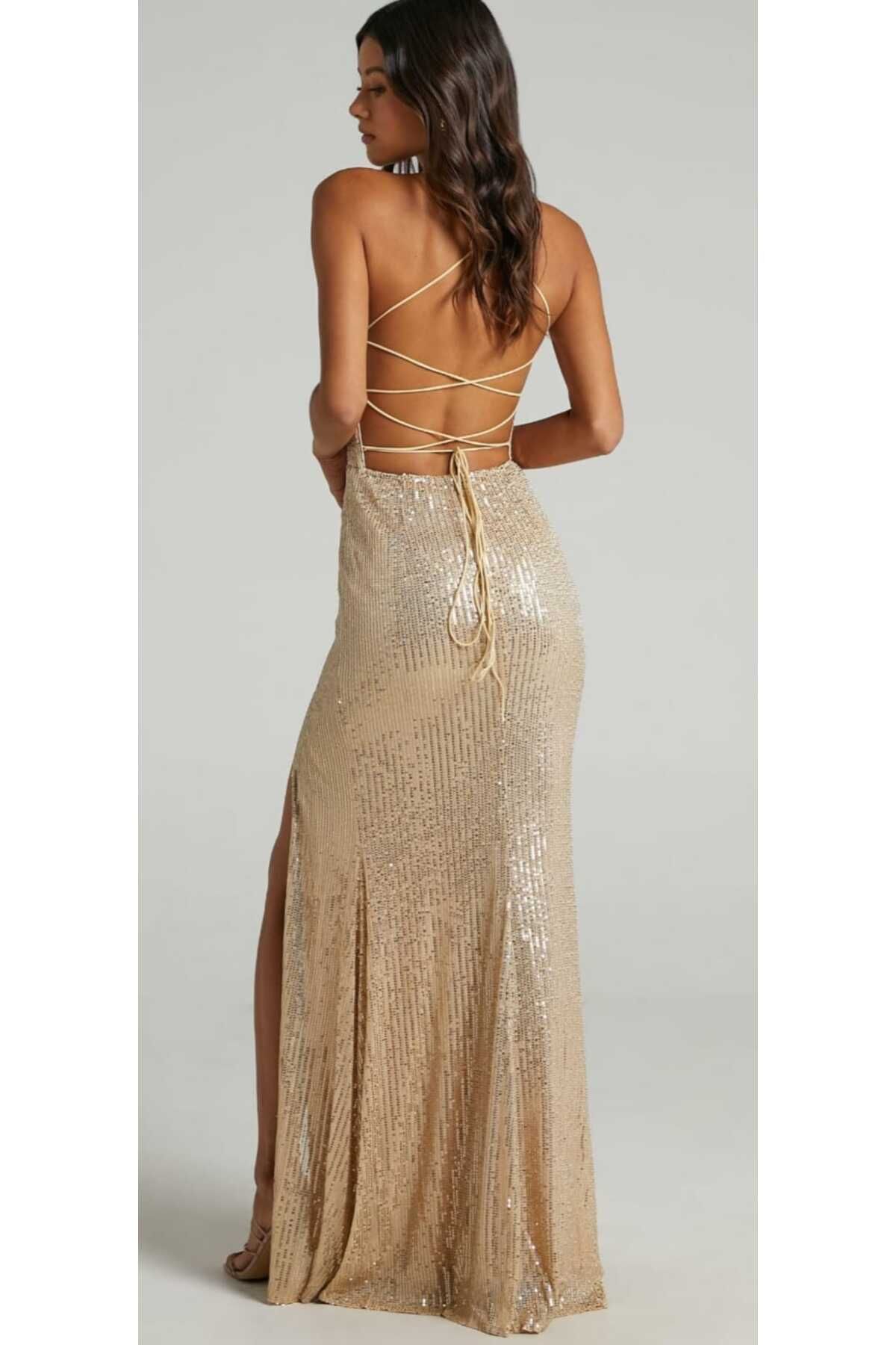 hilaltrendd Hilaltrend Zara Pulpayet Işlemeli Gold Abiye Elbise