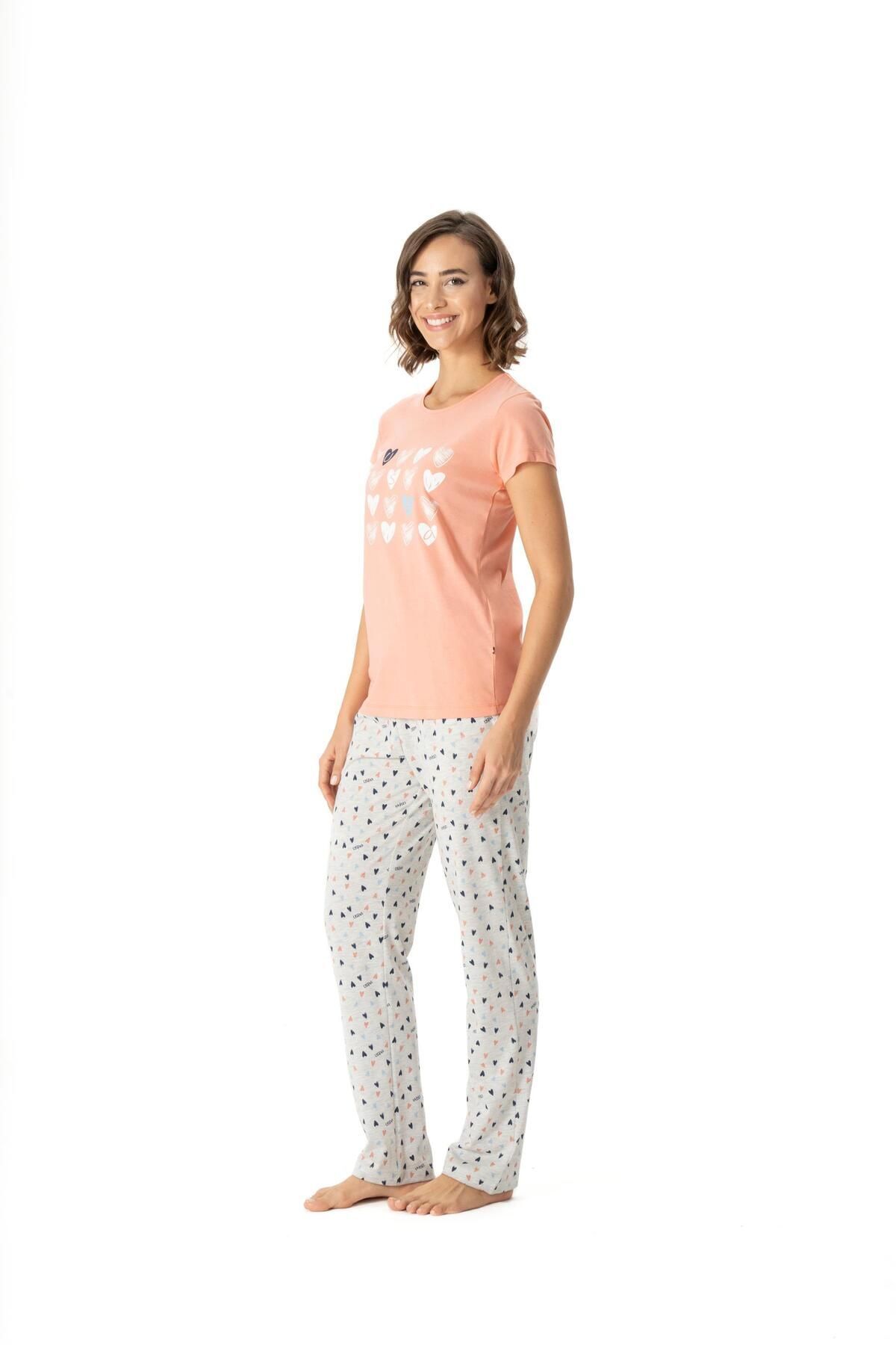 U.S. Polo Assn. U.S. Polo Assn. Kadın Kalpli Somon Yuvarlak Yakalı Pijama Takımı