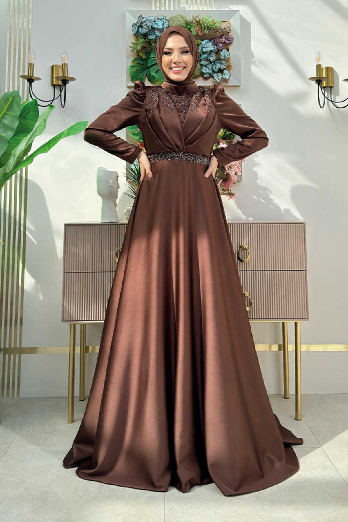 Bym Fashion Taş Detaylı Saten Abiye Elbise 1158 Kahverengi