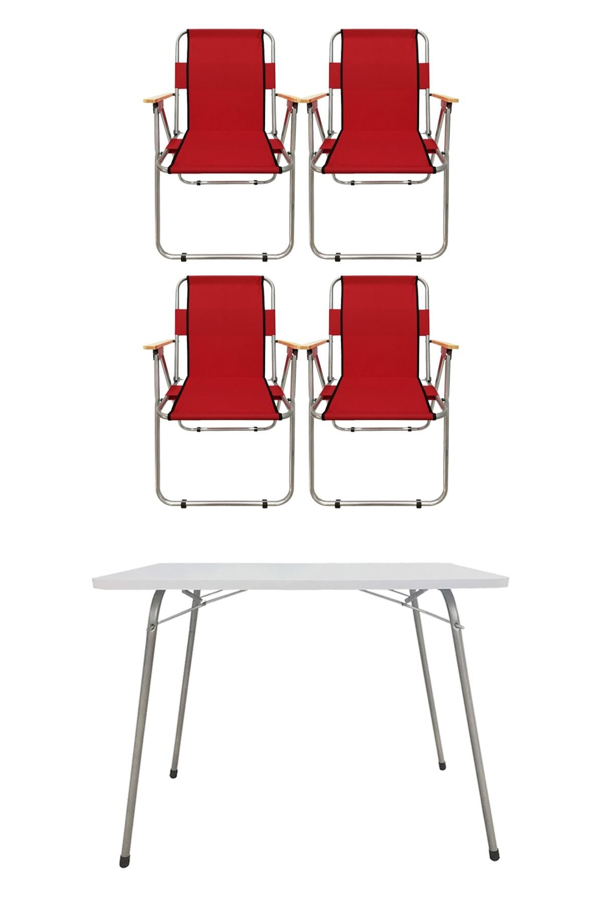 Tedarikcenter 4 Adet Ahşap Kollu Kırmızı Kamp Sandalyesi Ve 1 Adet 60x45 cm Katlanır Masa