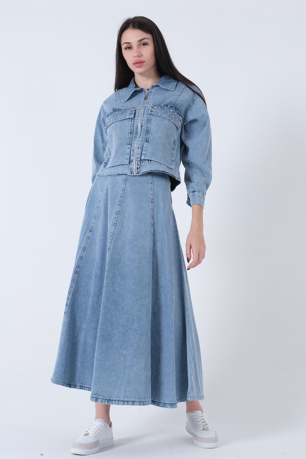 Feminist Cepleri Taş Detaylı Crop Fermuar Ceketli Kot Takım Mavi 44510399