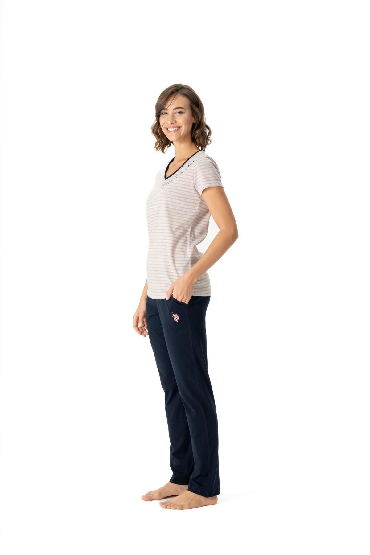 U.S. Polo Assn. U.S. Polo Assn. Kadın Pembe Tişört Düz Paça Pijama Altı 2'li Yazlık Pijama Takımı