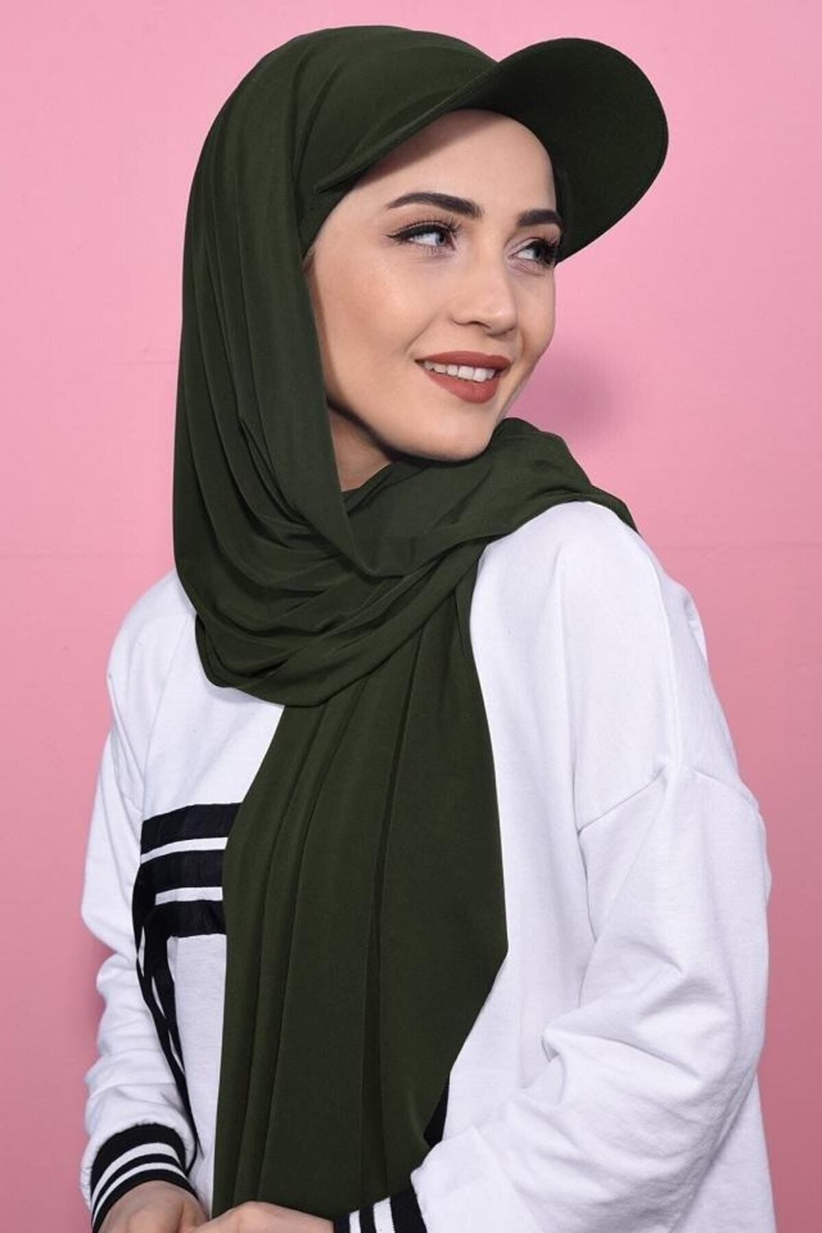 NIDAGE Haki Şapkalı Boneli Hazır Model Şal Hijab Havuz Bone - Yeni Sezon / Yeni Model