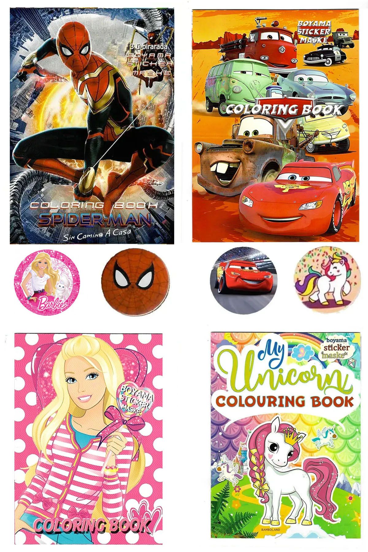 PartylandTR Süper 4'lü Karma Spiderman,cars,unicorn,lol Boyama Kitabı,sticker,maske+4 Metal Rozet Hediyeli