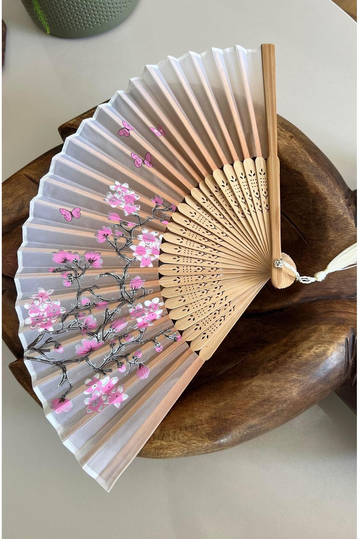 Miamantra Bambu İpek Şık Japon Yelpaze - Somon Pembe Renk Gümüş Çiçekli