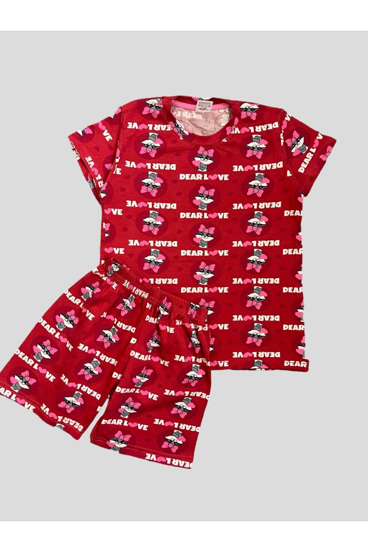 elmas kids Kız Çocuk %100 Pamuklu Kedi Ve Kalp Desenli Kırmızı Kısa Kollu Şortlu Yazlık Pijama Takımı