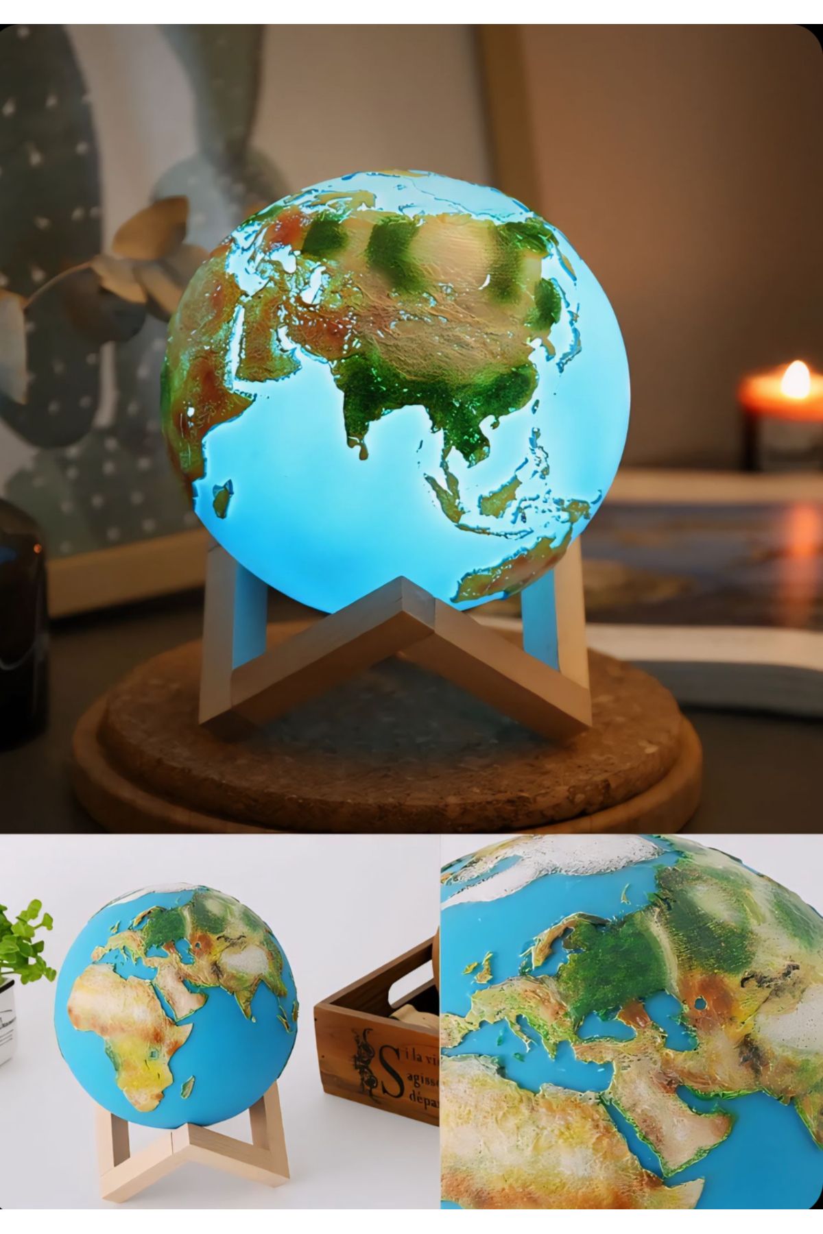 Mi-ÇA HOME 3d  Kabartmalı Dünya Gece Lambası /Standlı Dünya Aydınlatma Led Işıklı Hediyelik Eşya /Çocuk Lamba