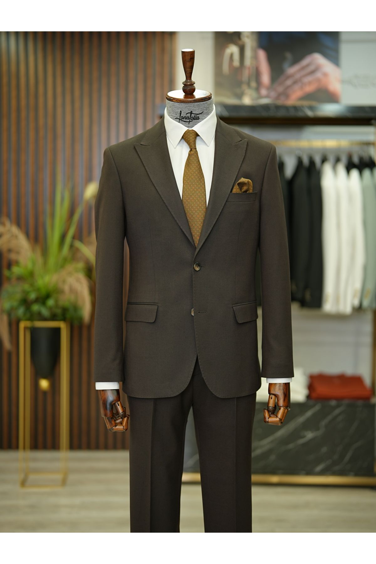LONATOLİA Premium Erkek Slim Fit İtalyan Stil Punto Dikişli Yarım Astarlı Takım Elbise Ceket Pantolon-AcıKahve