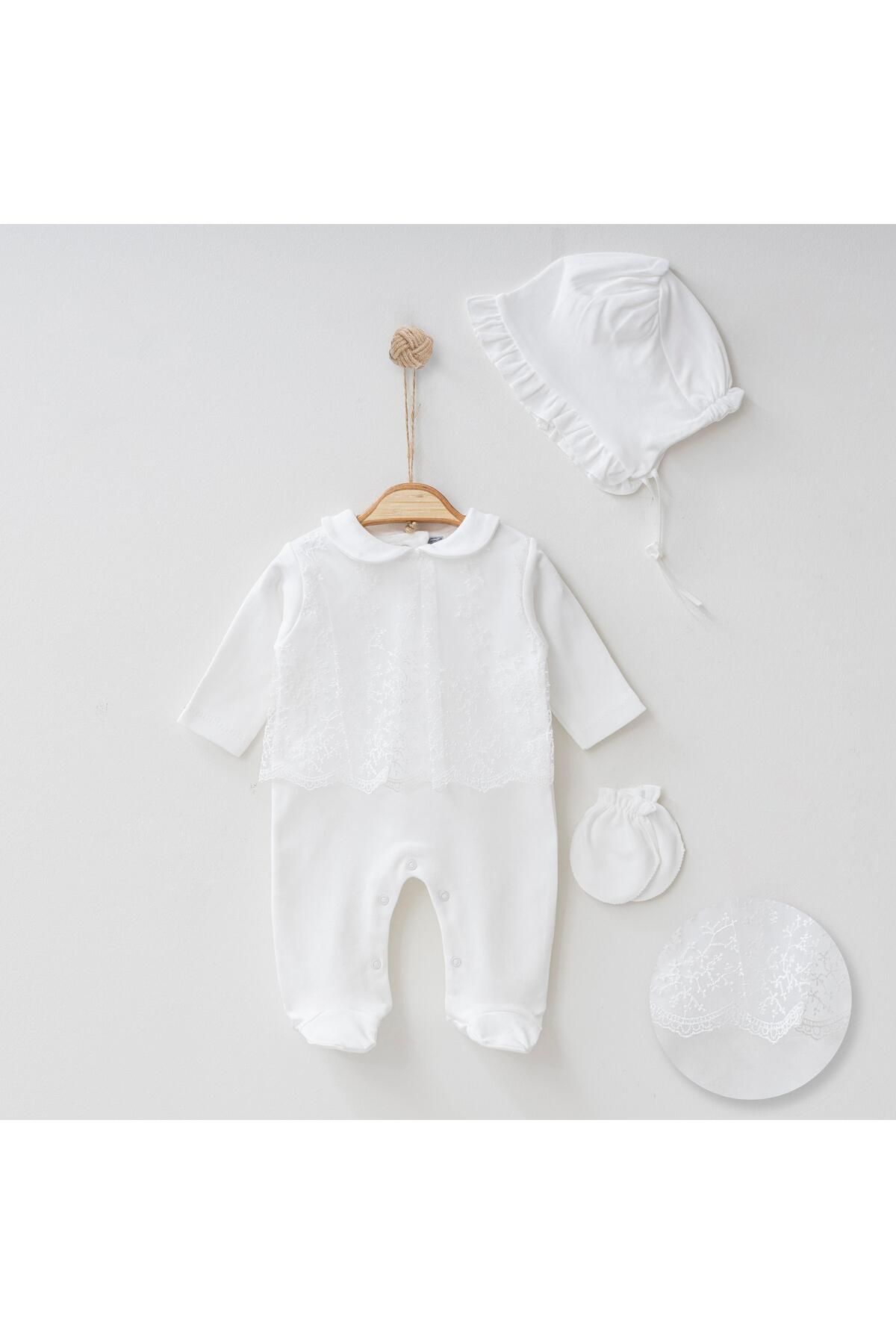 Buse&Eylül Bebe Beyaz Uzun Tüllü 3 Parça Kız Bebek Tulum Takım