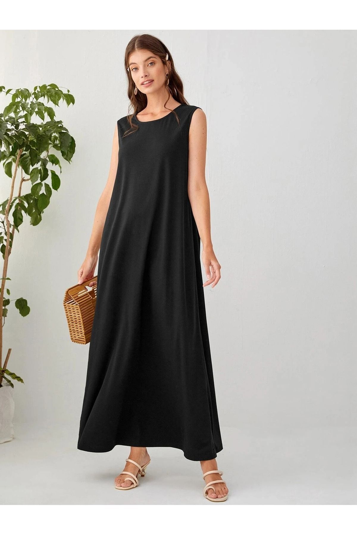 Trendseninle Siyah Kolsuz %100 Pamuk Penye Astar Elbise