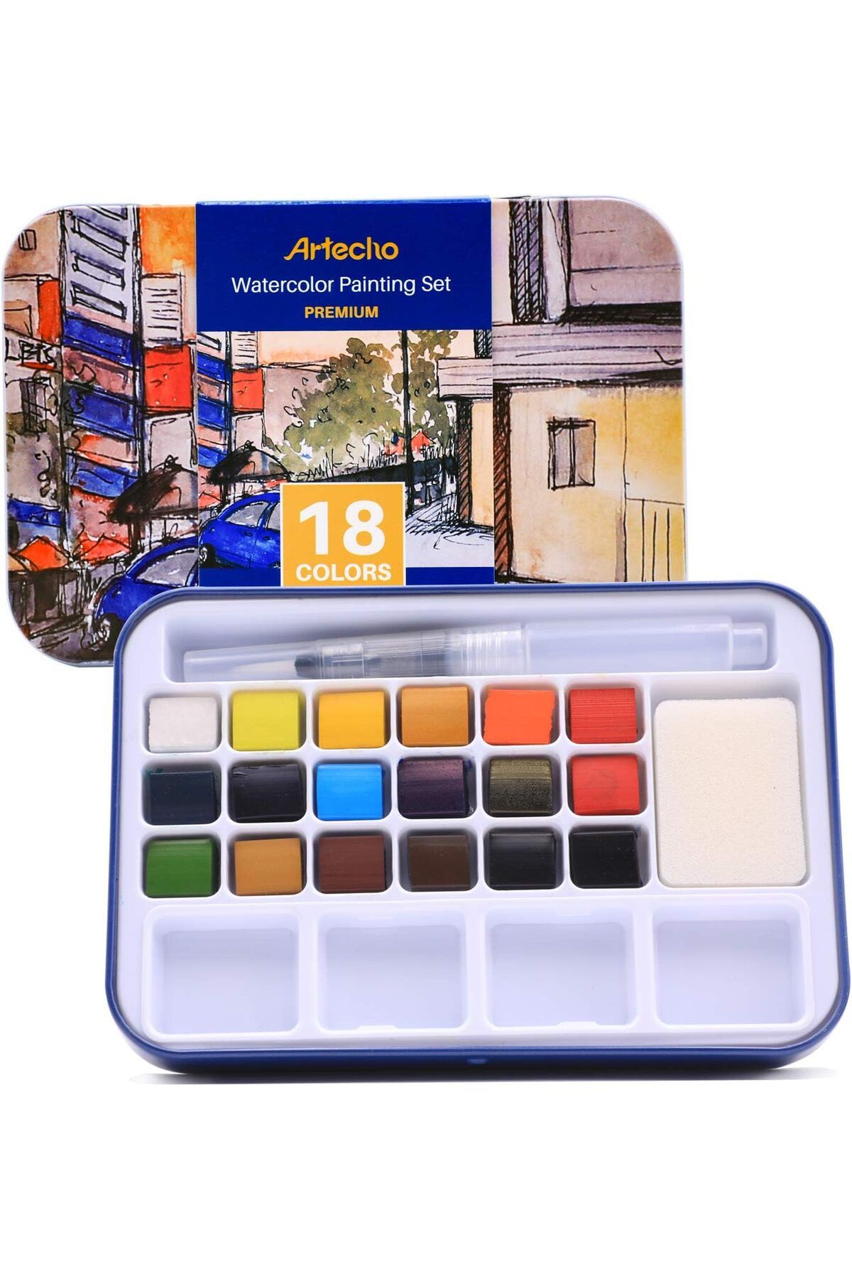 Art Tone Metal Kutu Tablet Sulu Boya Seti 18 Renk Su Hazneli Fırça ve Rötuş Süngeri ve Mini Palet Hediyeli