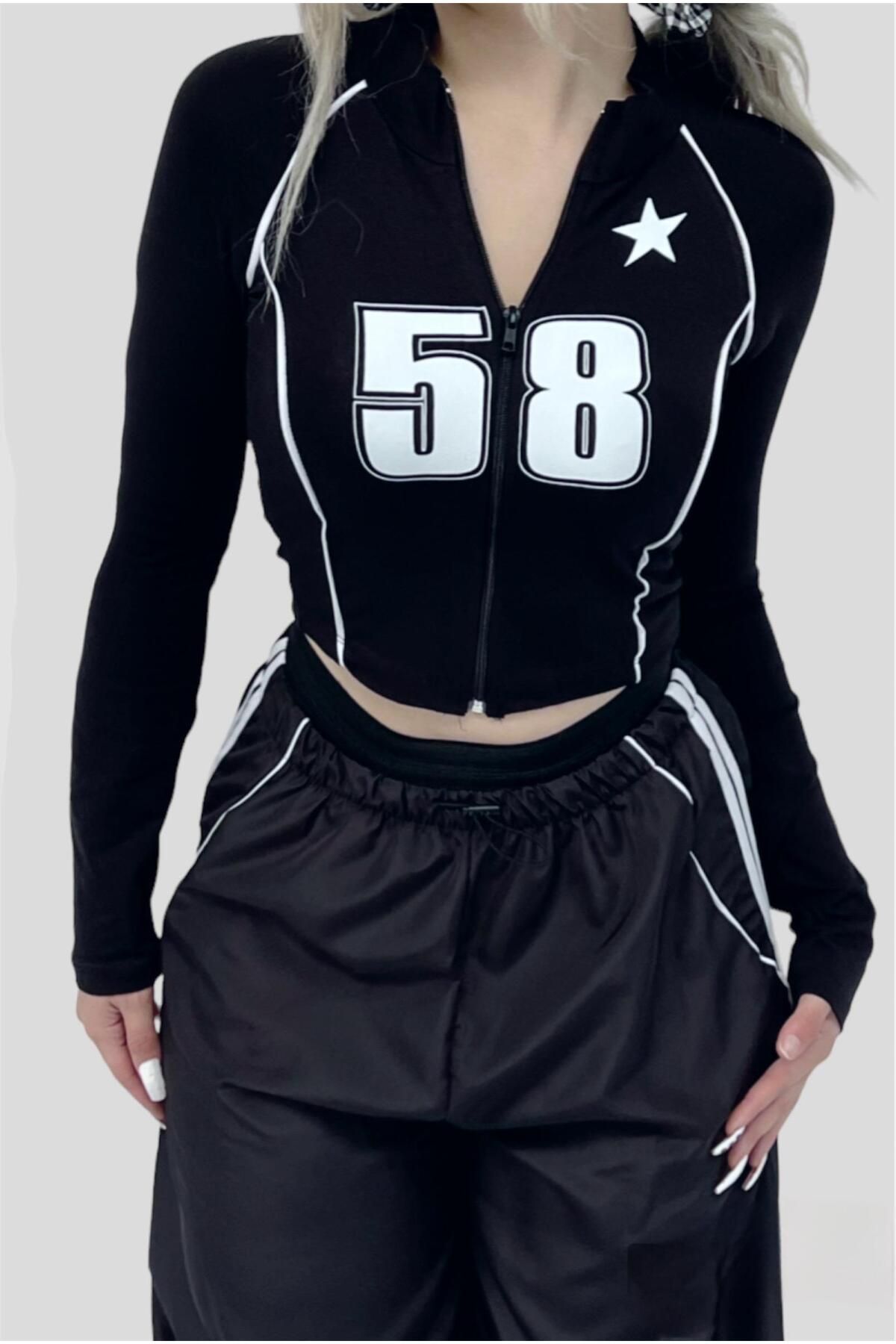 Carpe Star 58 Biyeli Fermuarlı Uzun Kollu Crop