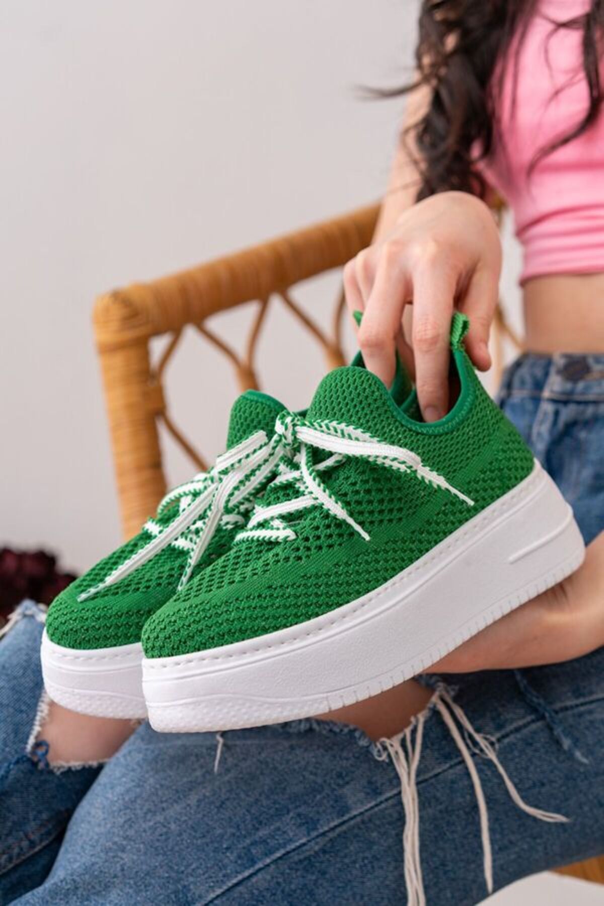 pabucmarketi Yeşil Triko Streç Kalın Tabanlı Kadın Spor Sneakers