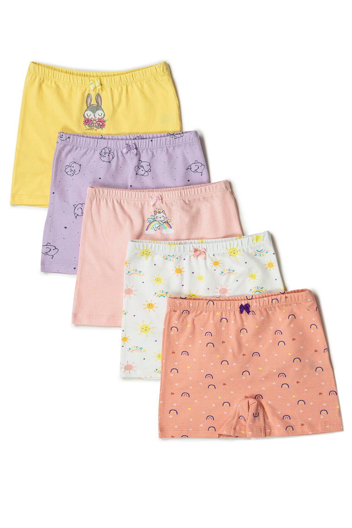 ÖZKAN underwear Özkan 41602 5'li Paket Kız Çocuk Karışık Renkli Desenli Pamuklu Yumuşak Rahat Şort Boxer