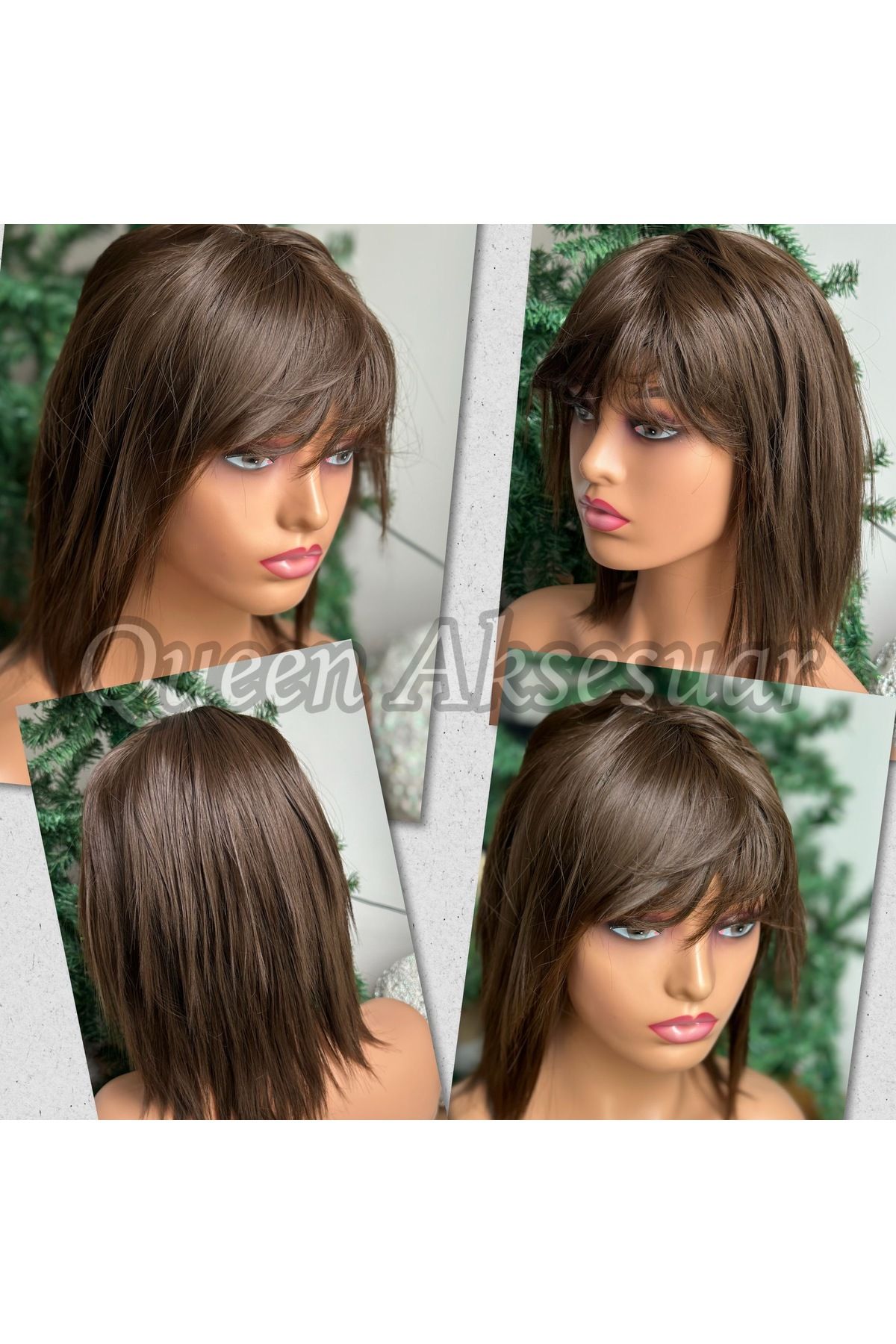 QUEEN AKSESUAR İthal lüks fiber ısıya dayanıklı kısa kahküllü saç kadın peruğu postiş peruk çikolata kahverengi 8